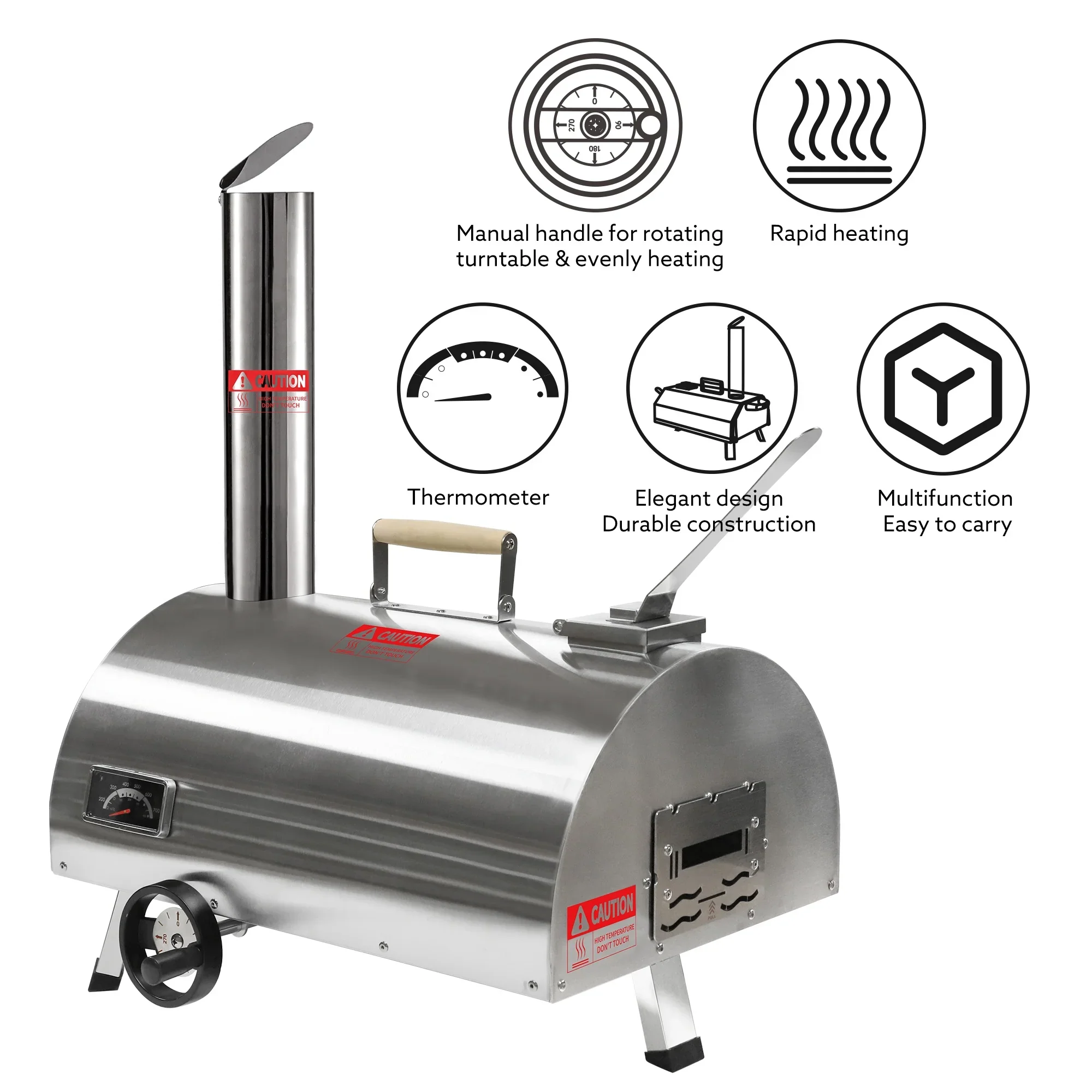 12 Wood Pellet Outdoor Pizza Oven, Portable Stainless Steel Rotatable Pizza Maker with Built-in Thermometer, Carry Bag, Pizza Cutter, Semi-Automatic Pellet & Wood Pizza Oven for Garden BBQ, Patio