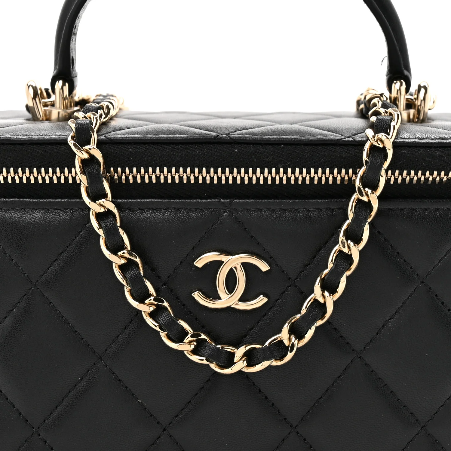 Lambskin Quilted Small Top Handle Vanity Case With Chain Black