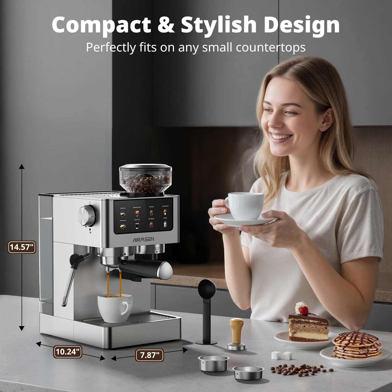 Espresso Machine with Grinder, Espresso Coffee Machine with Customized Grind Amount Coffee Volume, Cold Brew Coffee Maker for Cappuccino Latte Americano, Brushed Stainless Steel - Image 9