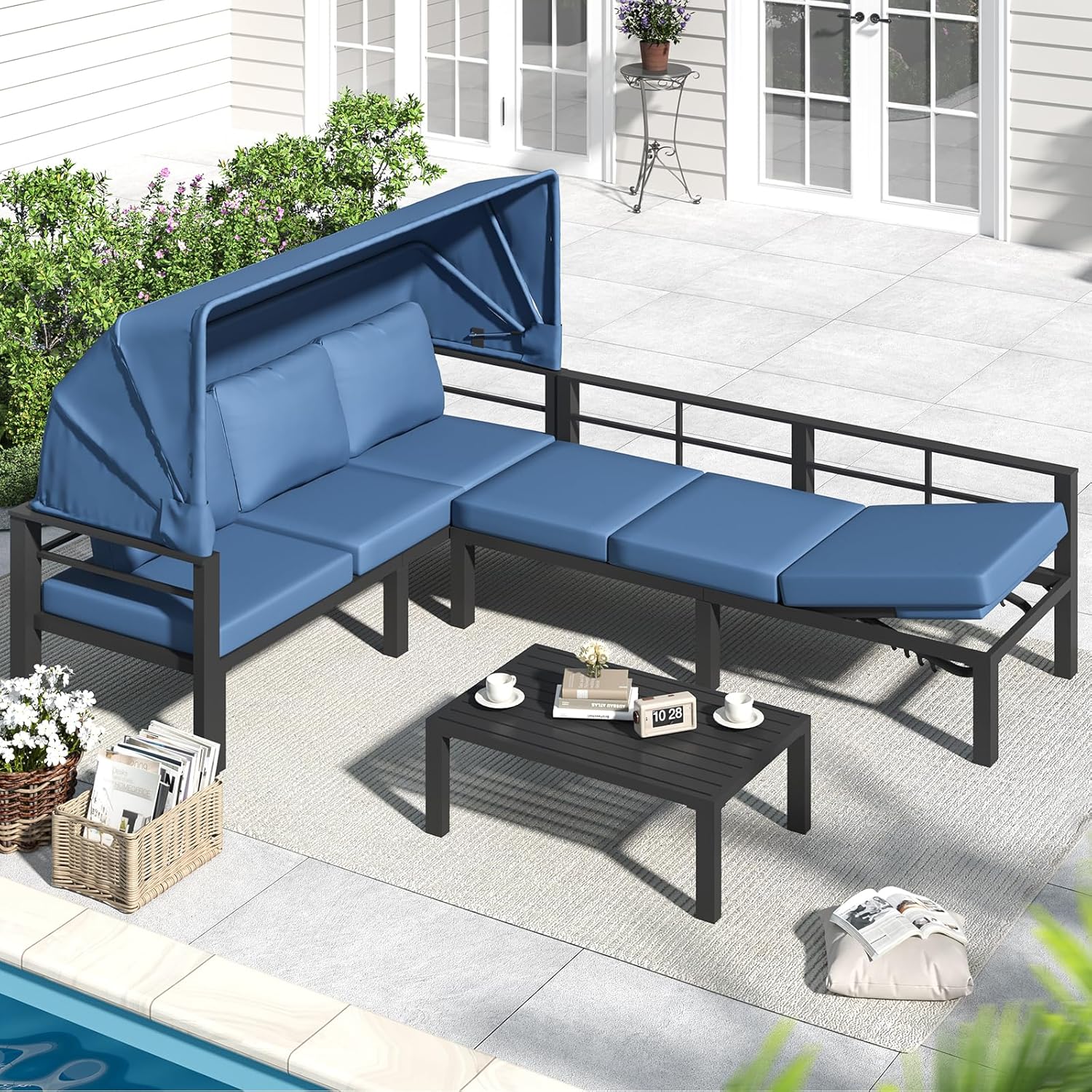 AECOJOY Patio Furniture Set with Retractable Canopy&2 Adjustable Backrests, Outdoor Conversation Set, Dark Blue