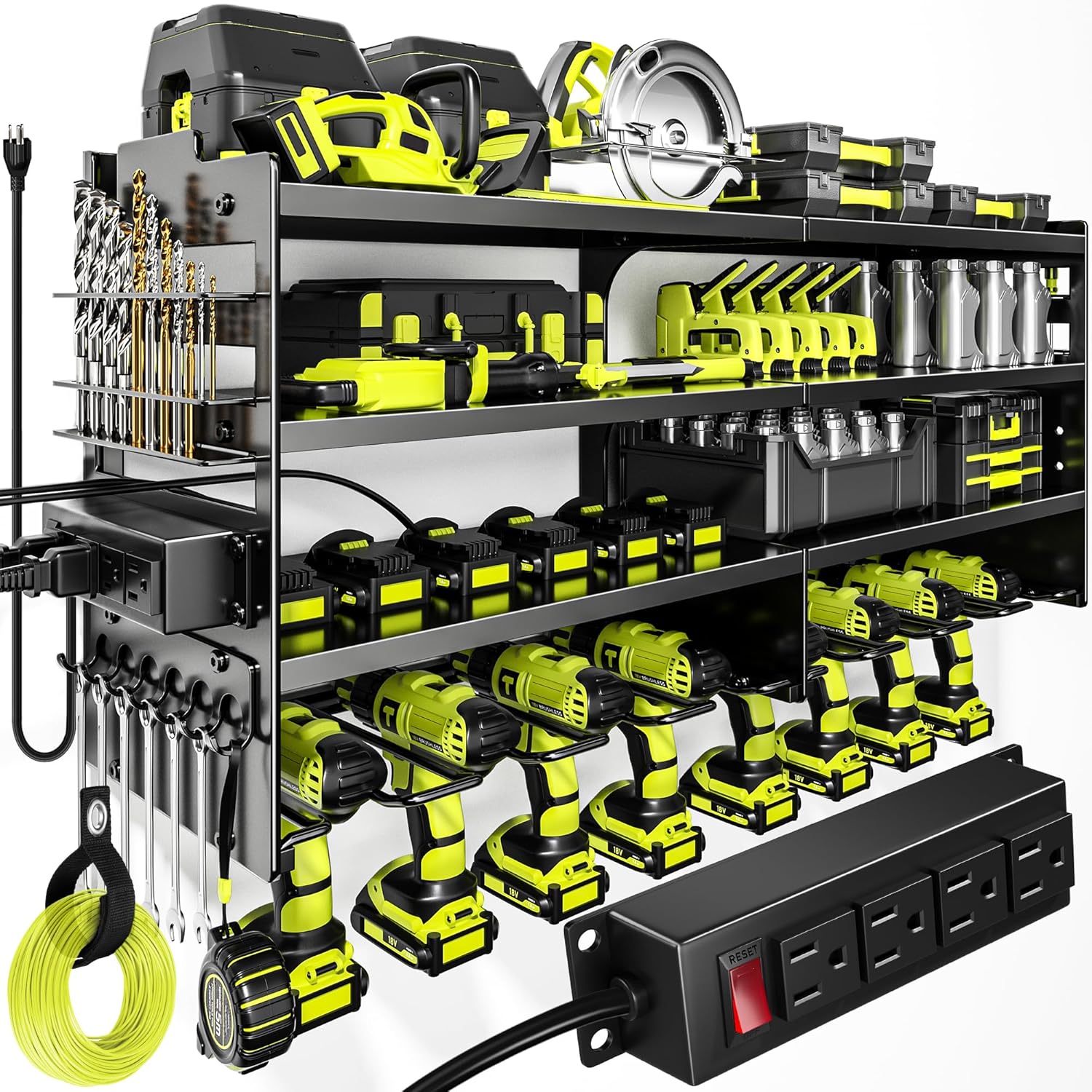 POKIPO Large Power Tool Organizer Wall Mount with Charging Station, 4 Layer Heavy Duty Metal Tool Storage Rack, Loads 600lbs with 8 Cordless Drill Holders, Battery Utility Rack, Loads with 4 Power Strips