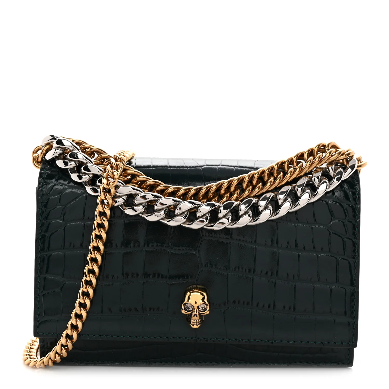 Glazed Calfskin Crocodile Embossed Small Skull Shoulder Bag Green