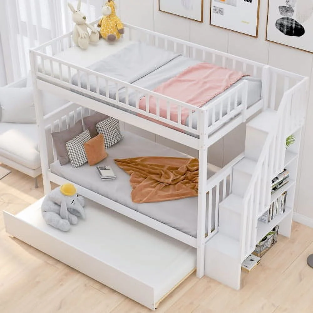 Twin Over Twin Bunk Bed with Trundle and Storage Space, Convertible 3 Separate Beds Bunk Bed Frame with Full Length Guardrails and Storage Staircase, Solid Woodentwin Bunk Bed for Girls, Boys, White