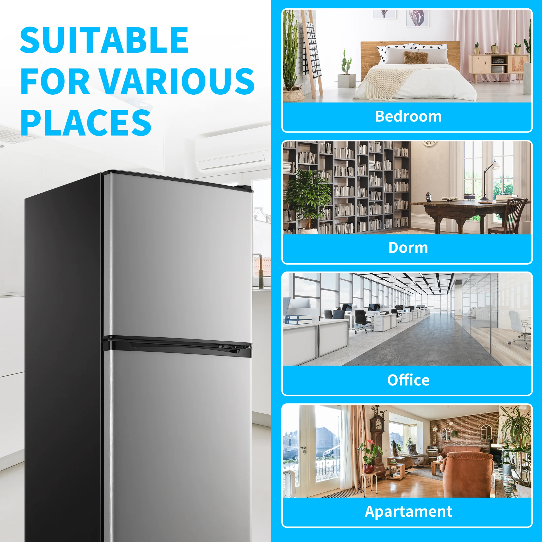 4.5 Cu. ft. Compact Refrigerator 2 Door with Freezer,5 Adjustable Thermostat 4 Removable Glass Shelves(Silver/4.5 Cu.ft) - Image 9