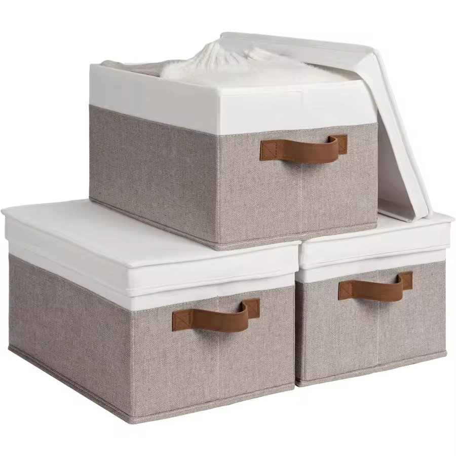 Large Storage Bins With Lids, Decorative Storage Boxes With Lid And Pu Handles, Foldable Storage Baskets For Closet, Shelves, Stackable, Brown