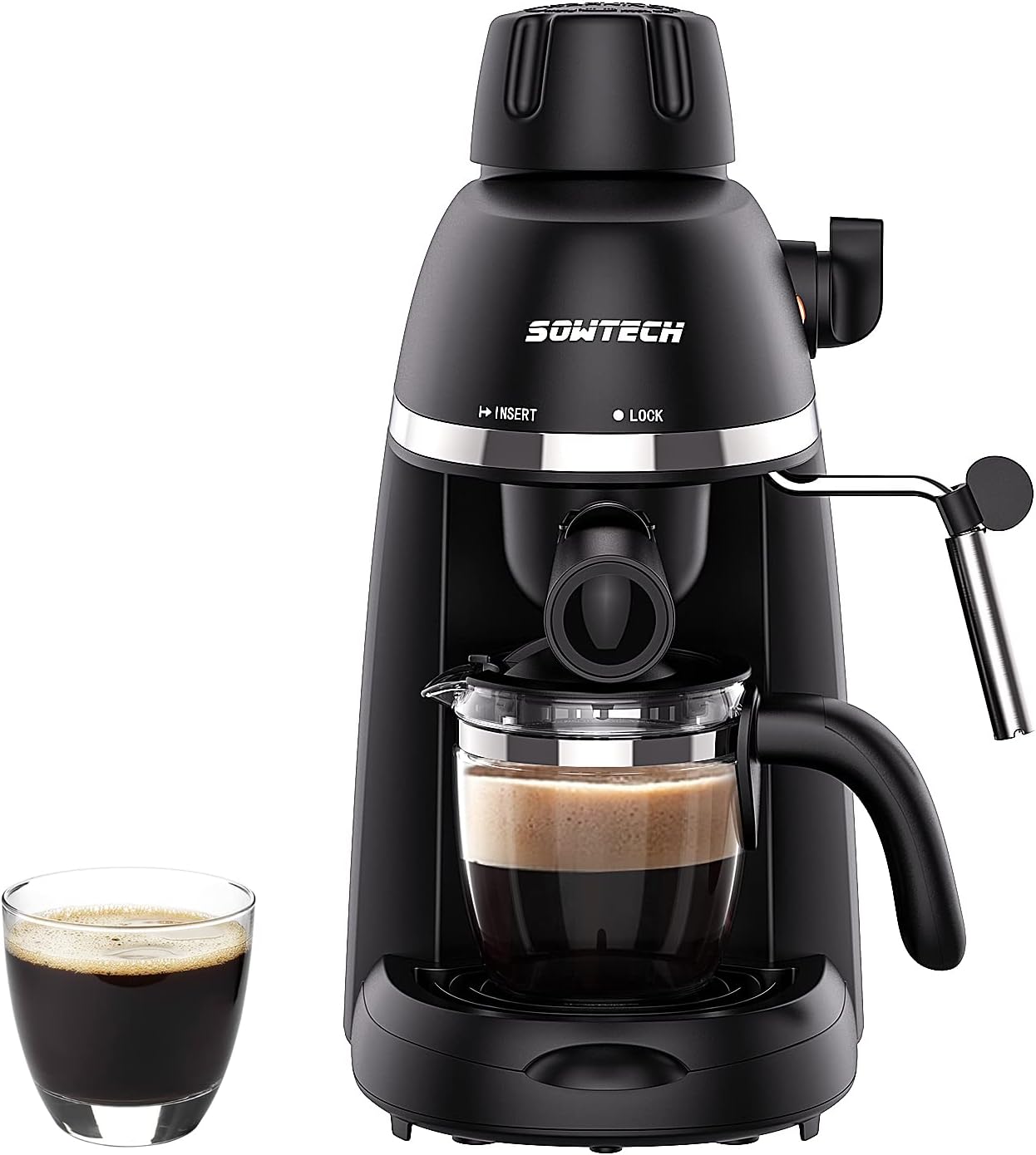 Machine à café expresso SOWTECH, machine à cappuccino et latte, 3,5 bars, 1 à 4 tasses, avec mousseur à lait vapeur, noire