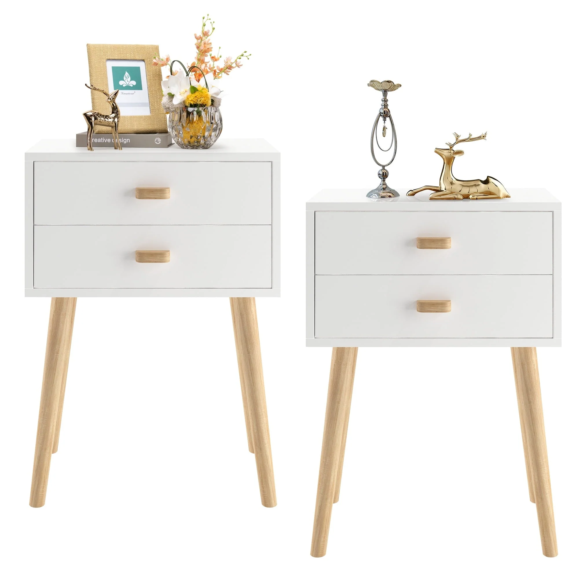 Nightstand Set of 2, Bedroom Bedside Table with 2 Drawer Storage Shelf, Simple Modern Night Stand End Table with Wood Handle, Easy assembly, Suitable for Living Room Bedroom Furniture, White(Style 1#White) Image 2