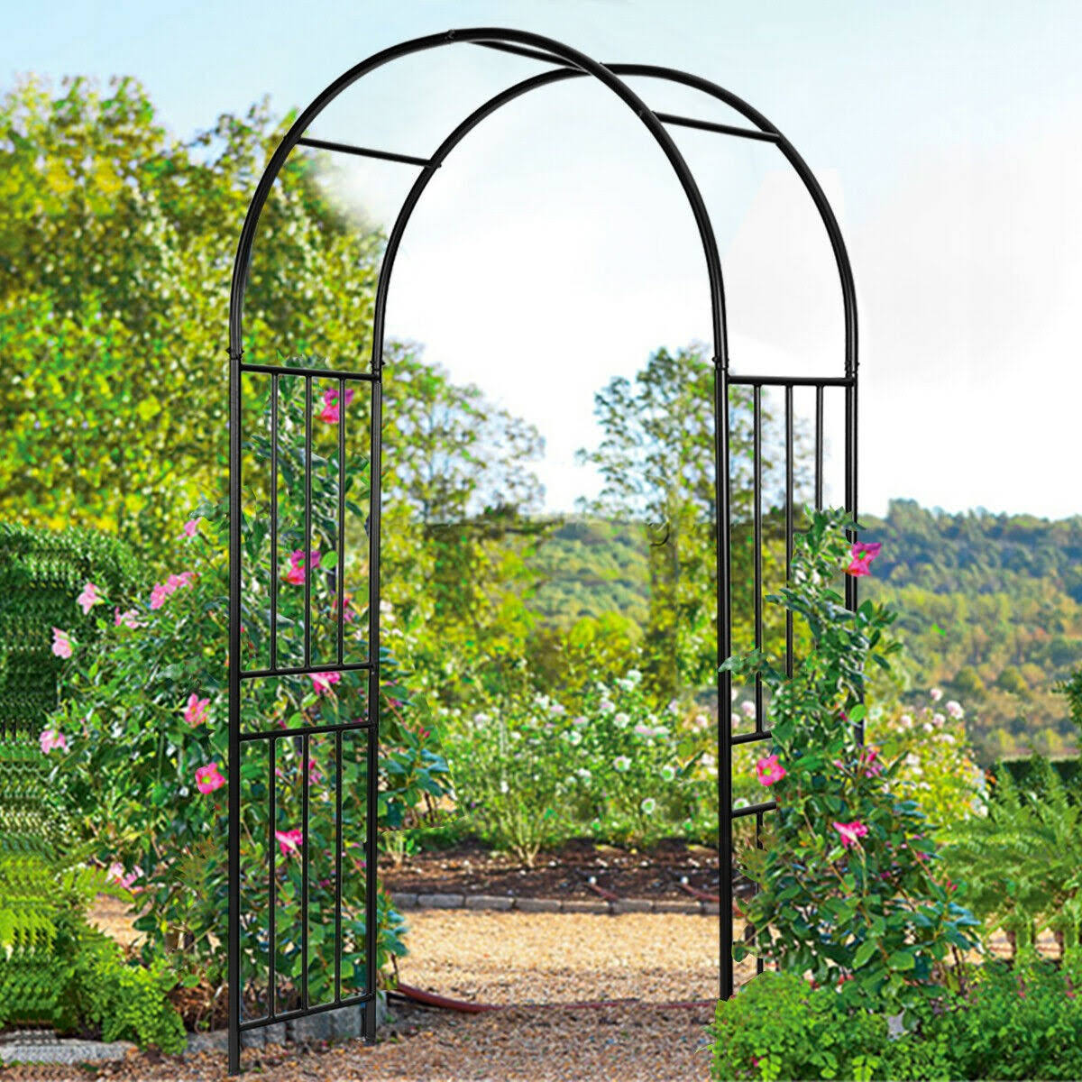 Costway 7.2ft Garden Arch Steel Arbor Wedding Garden Decoration Climbing Plants w/Stakes