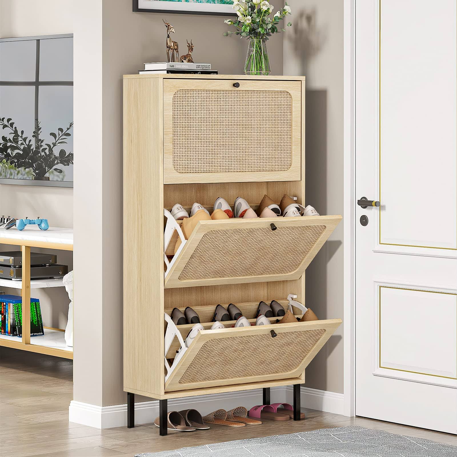 Sweiko 3 Flip Drawer Shoe Cabinet Natural Rattan Shoe Cabinet Organizer Freestanding Wooden Shoe Rack Storage Cabinet with Metal Legs for Entryway