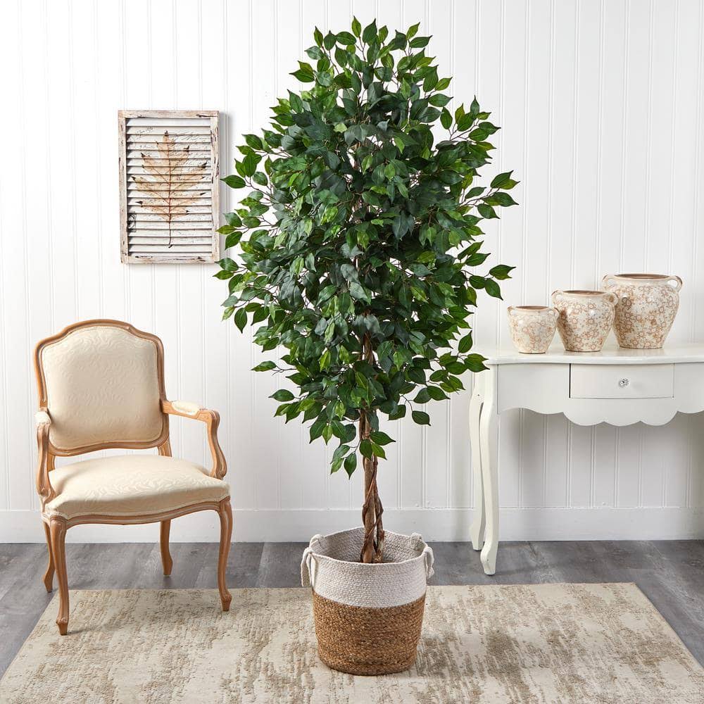 6 ft. Green Ficus Artificial Tree with Natural Trunk in Handmade Natural Jute and Cotton Planter