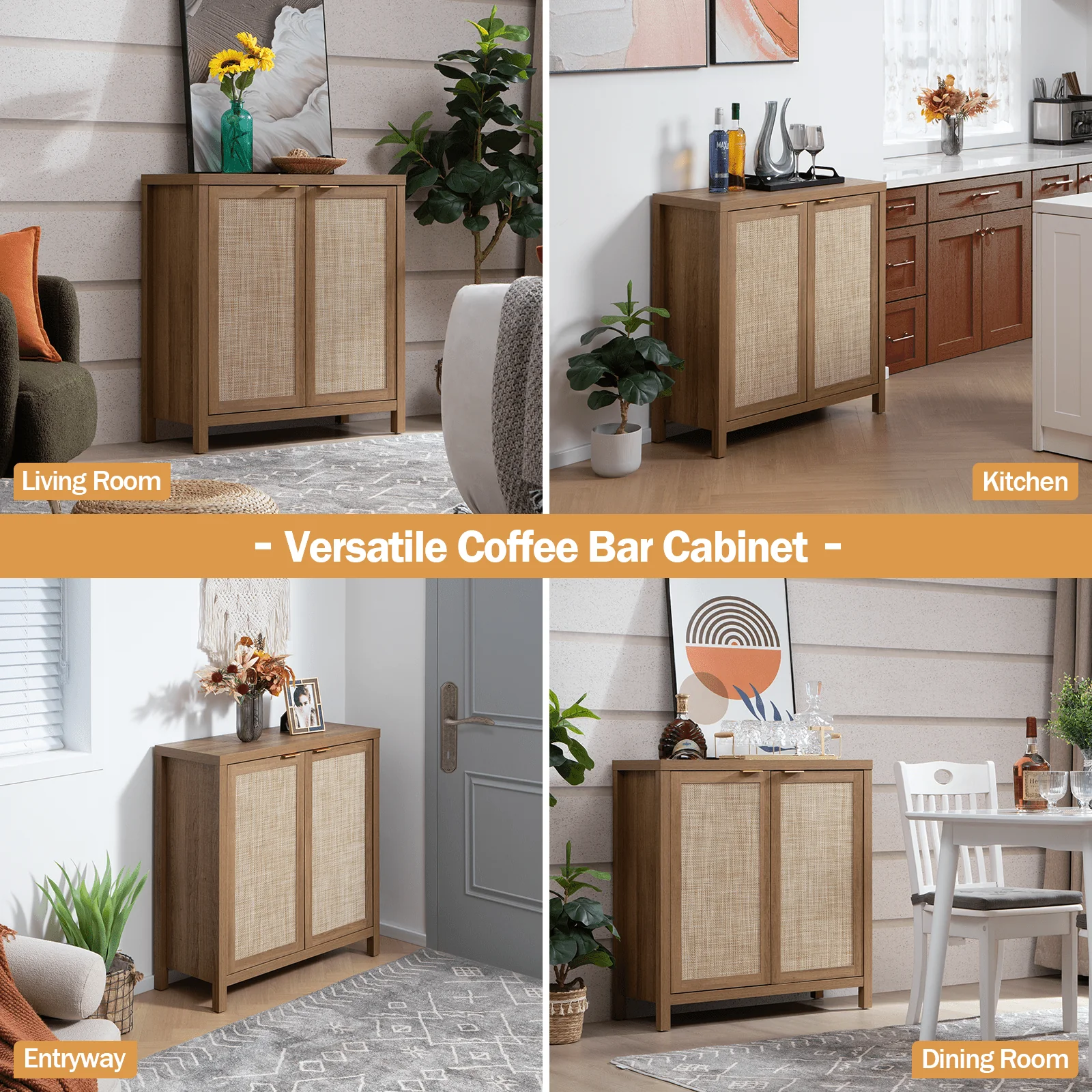 Sanspredet Sideboard Buffet Cabinet Set of 2, Rattan Cabinet with Doors Farmhouse Kitchen Storage Cabinet, Boho Liquor Cabinet Accent Cabinet(1pcs/Black)