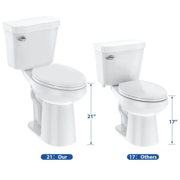 Toilettes allongées 21Toilet pour salles de bains, WC deux pièces avec abattant à fermeture ralentie, chasse d'eau siphonique de 1,28 po, hauteur universelle conforme aux normes ADA, blanc coton