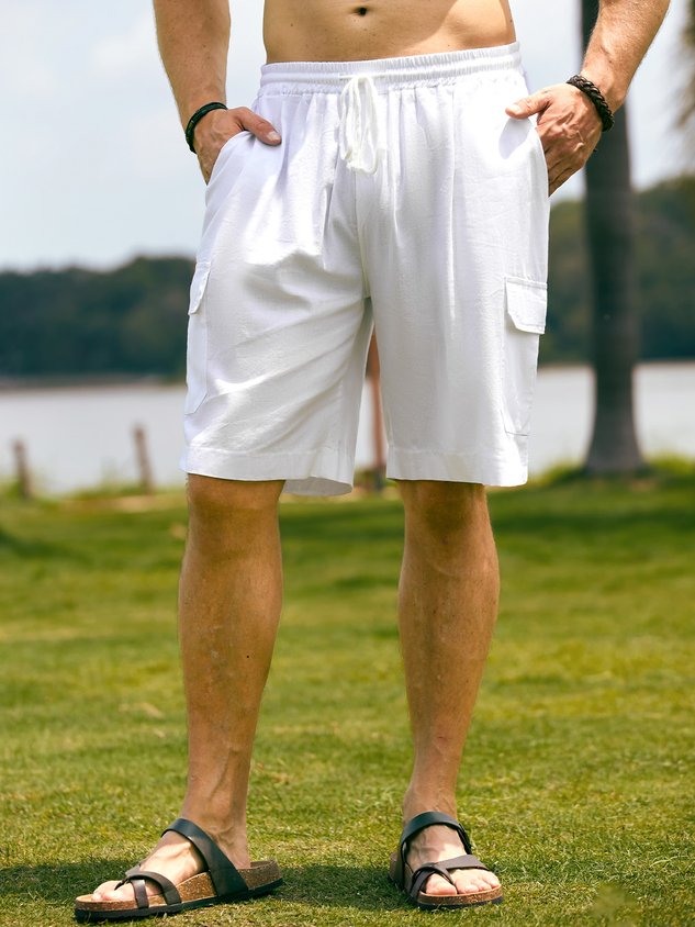Short cargo en lin pour homme, multipoches, à cordon