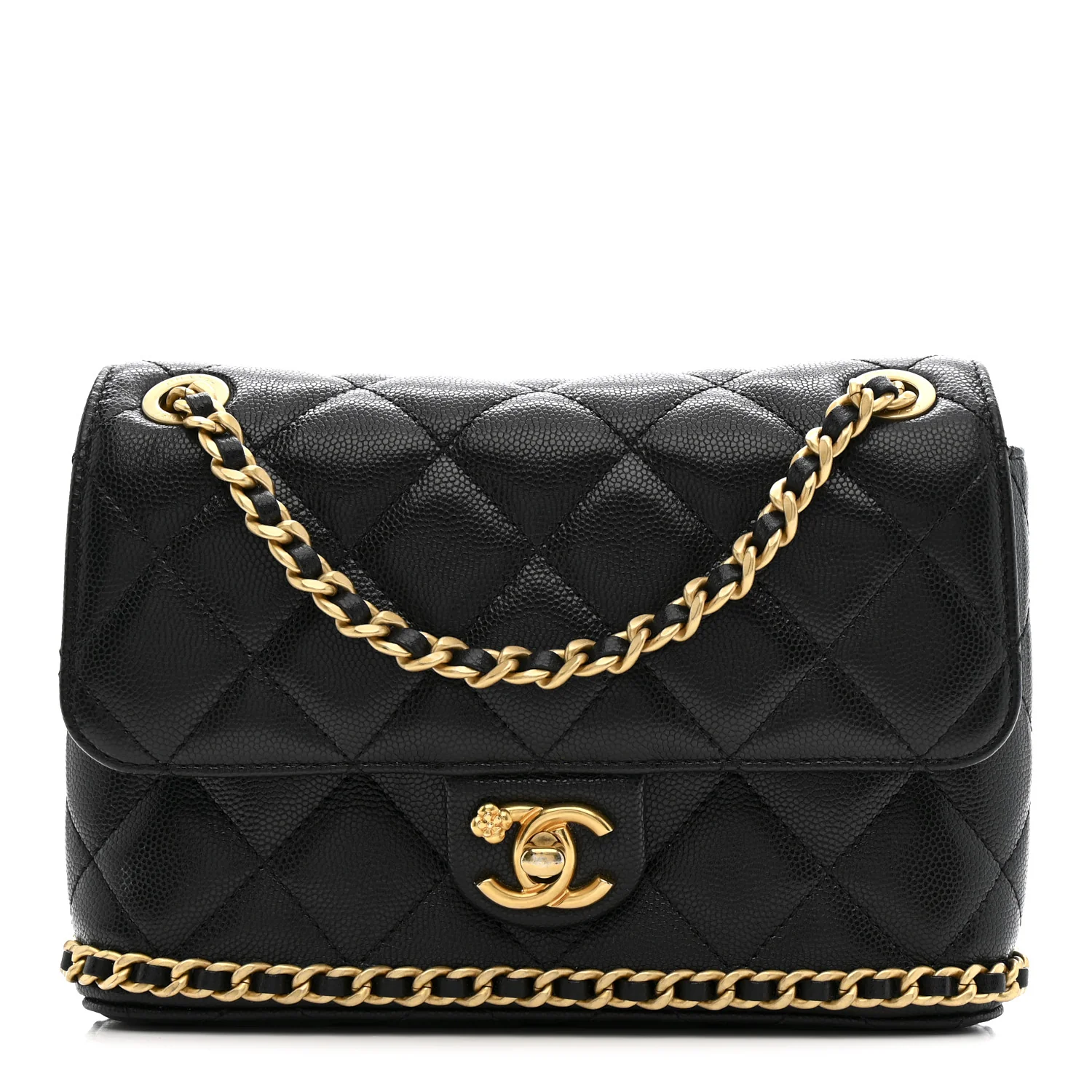 Caviar Quilted Camellia Chain Around Flap Black