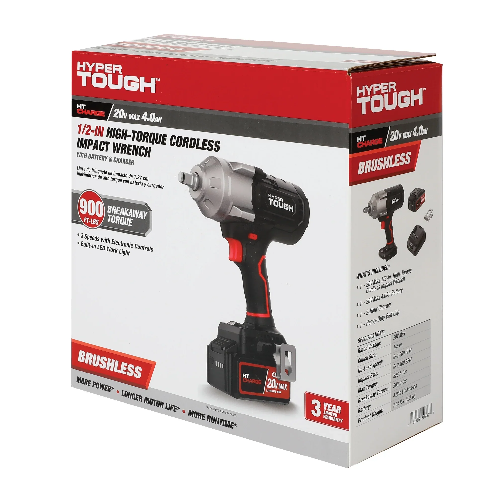 Hyper Tough 20V Max Brushless 1/2-inch High-Torque Cordless Impact Wrench with 4.0Ah Lithium-Ion Battery and Charger