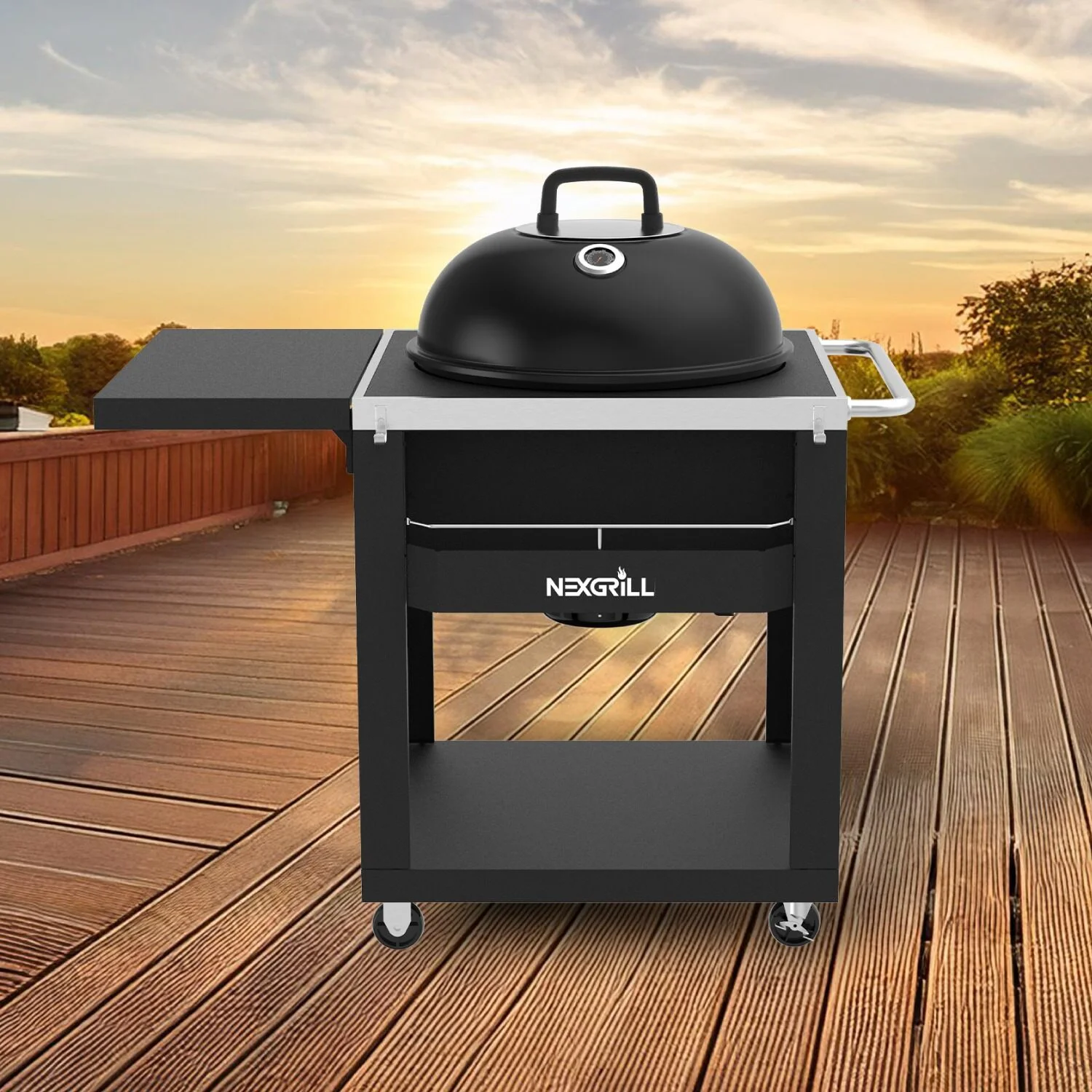 22" Charcoal Grill with Table Cart and Side Table, 358 SQ In Grate, Adjustable Air Vents, Integrated Temperature Gauge, Mobile Cart Barbecue Grill for Camping, Picnics, and More 810-0026HC(Charcoal Kettle Grill with Table Cart) - Image 7