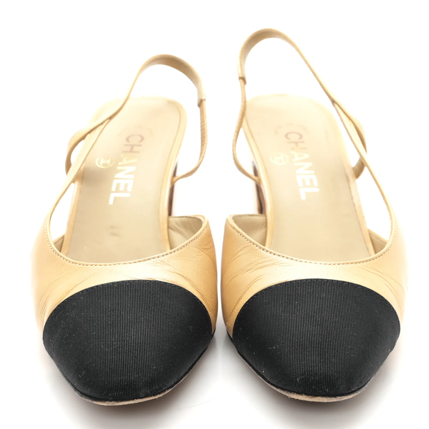 Goatskin Grosgrain Cap Toe CC Slingback Pumps 38.5 Beige Black