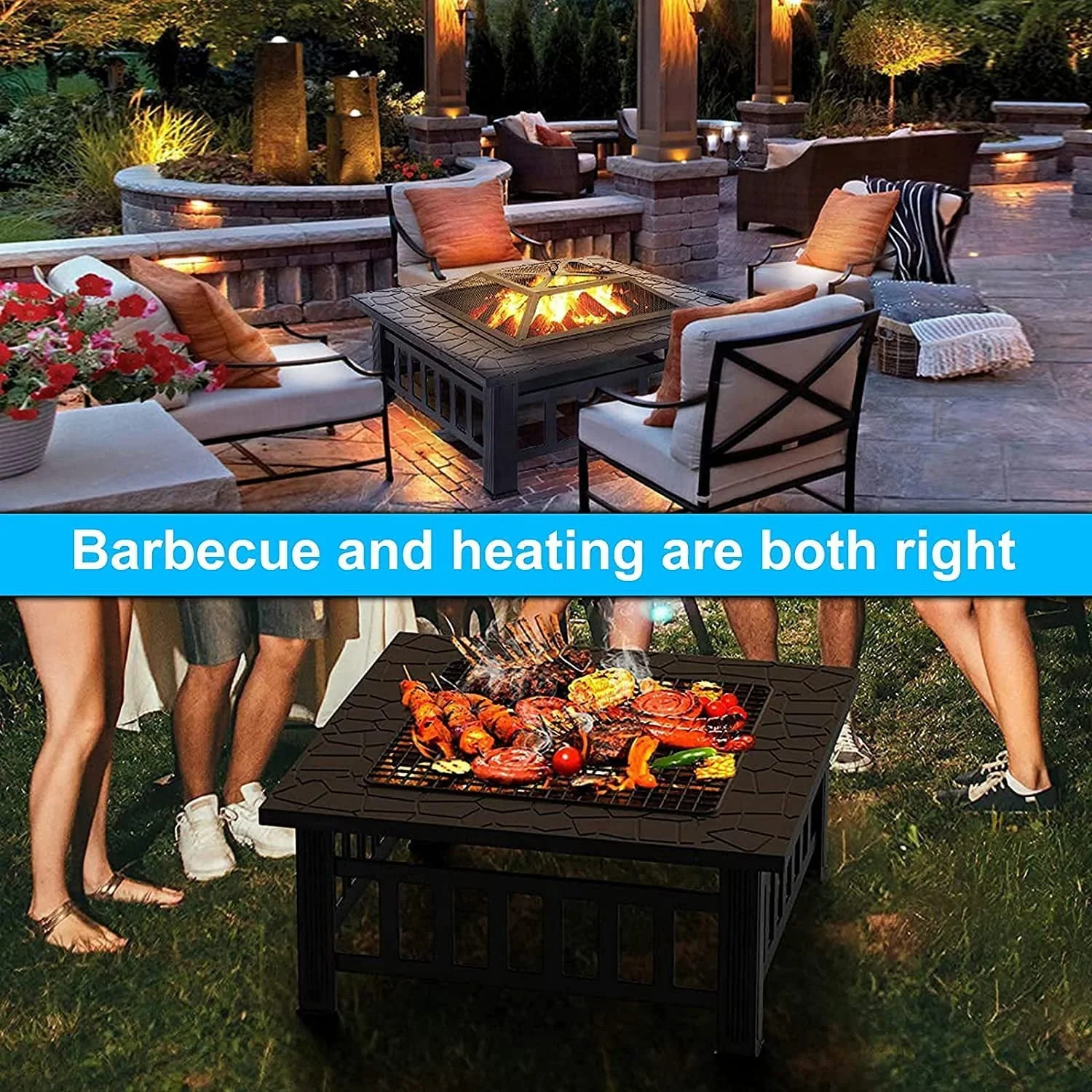 Wood Burning Fire Pits for Outside, 32 Square Iron Fire Pit Backyard Patio Garden Stove Wood Burning Fire Pit w/ BBQ Net, Waterprrof Cover, Mesh Screen Lid, Wood Grate, Poker, Durable Fire Pit