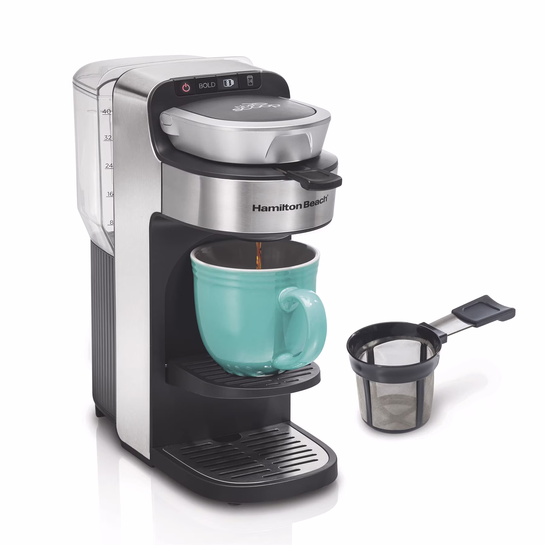 The Scoop Single Serve Coffee Maker & Fast Grounds Brewer for 8 - 14 oz. Cups, Brews in Minutes, 40 oz. Removable Reservoir, Stainless Steel (49987), Silver
