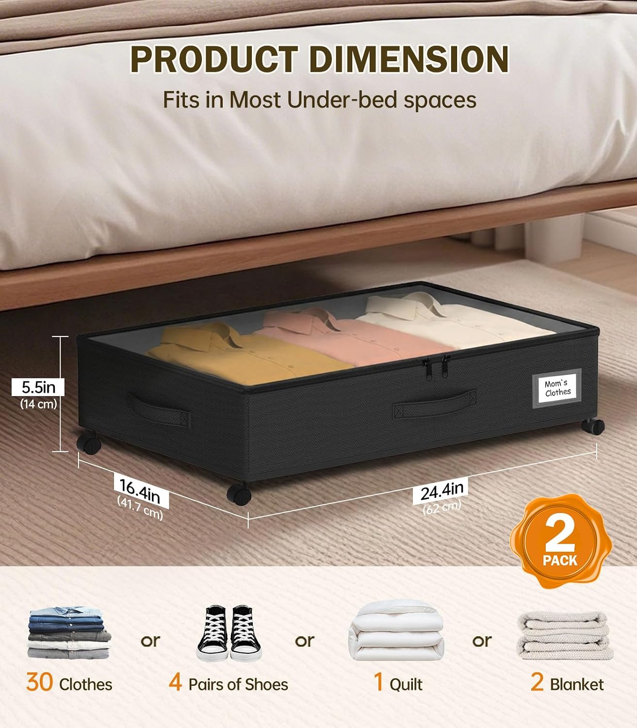 Under Bed Storage with Wheels 2-Pack, Under Bed Storage Containers, Underbed Box with Clear Lids, Rolling Underbed Storage Bins for Shoes, Clothes, Blankets (25