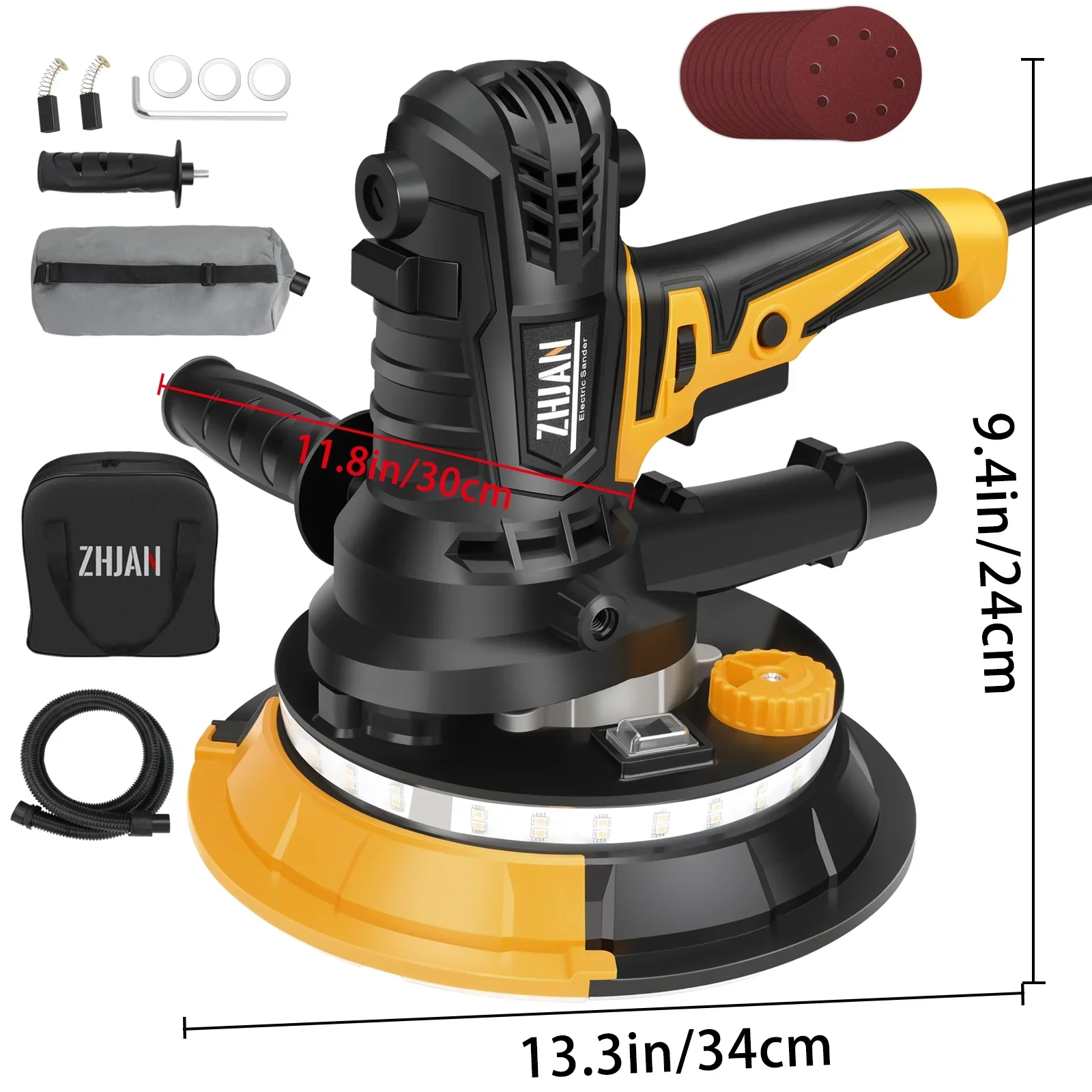 ZHJAN 7 Handheld Electric Drywall Sander 900W with Vacuum & LED - Dual-Grit, 12 Discs, Portable Wall Polisher