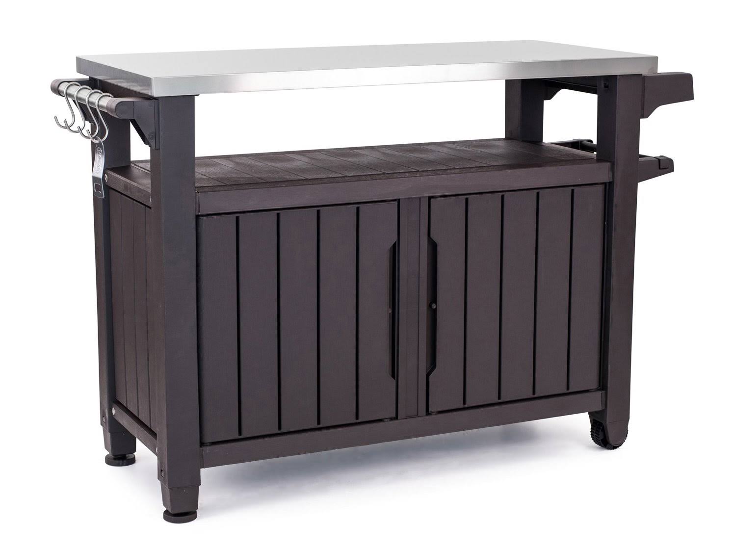 Keter Unity XL Outdoor Kitchen Rolling Bar Cart with Storage Cabinet, Brown