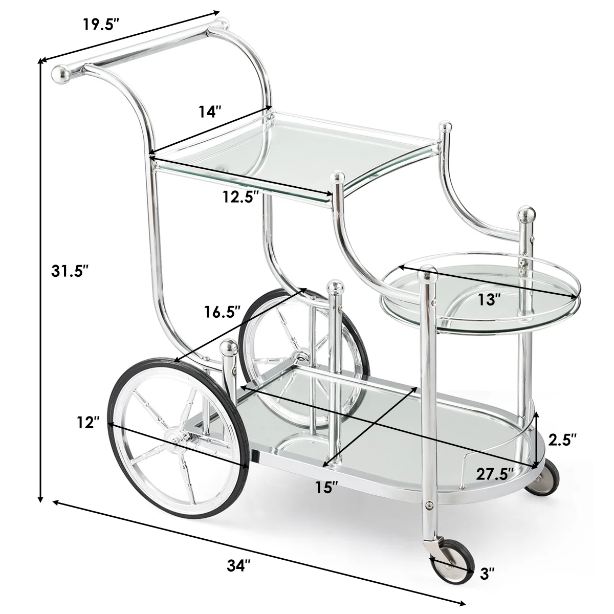 Topbuy Serving Cart Kitchen Bar Wine Tea Cart Glass Shelves with Wheels