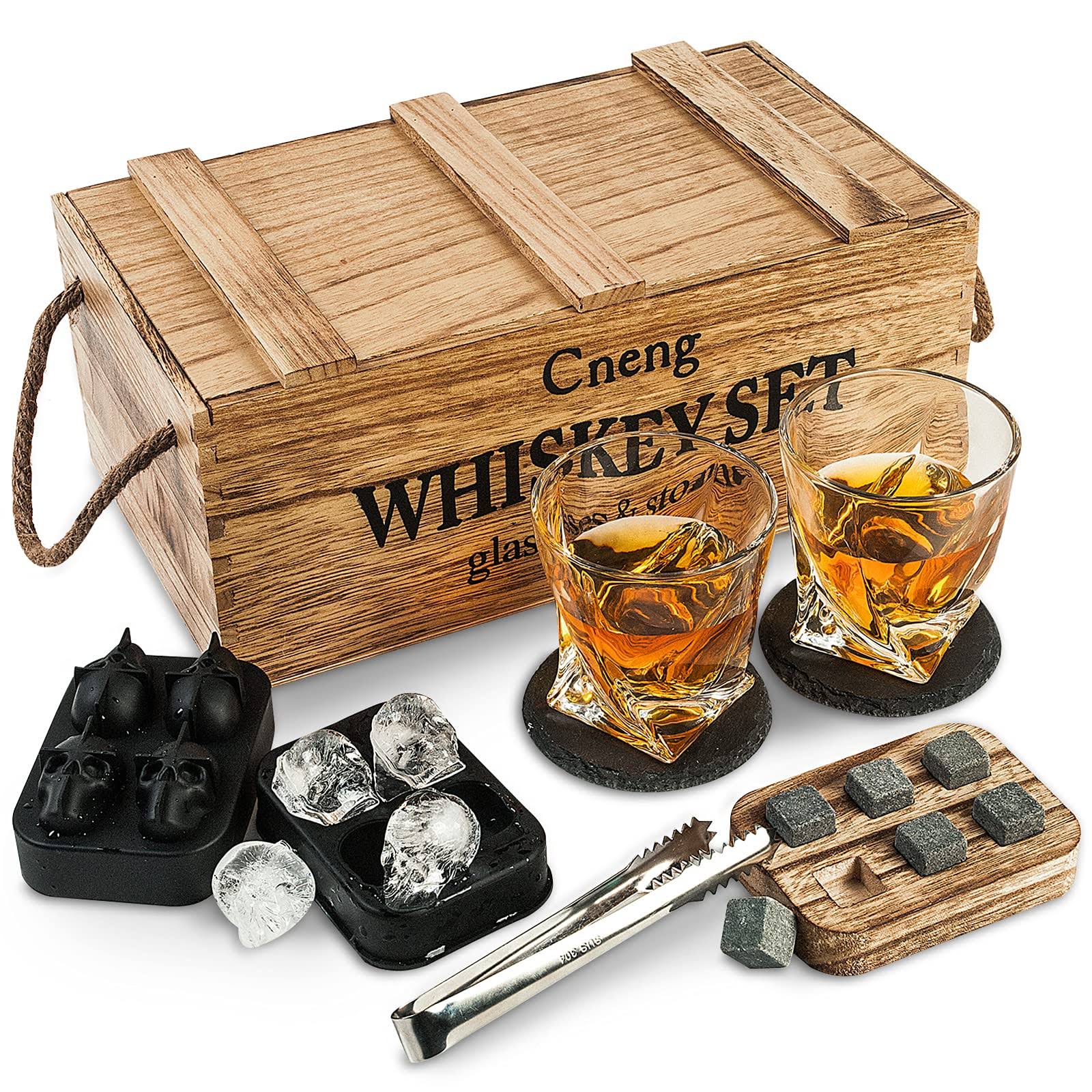 Whiskey Gifts for Men, Whiskey Stones Gift Set,10 oz Whiskey Glasses Set of 2 + Man Crates, Scotch Bourbon Gifts for Him Husband Dad Birthday