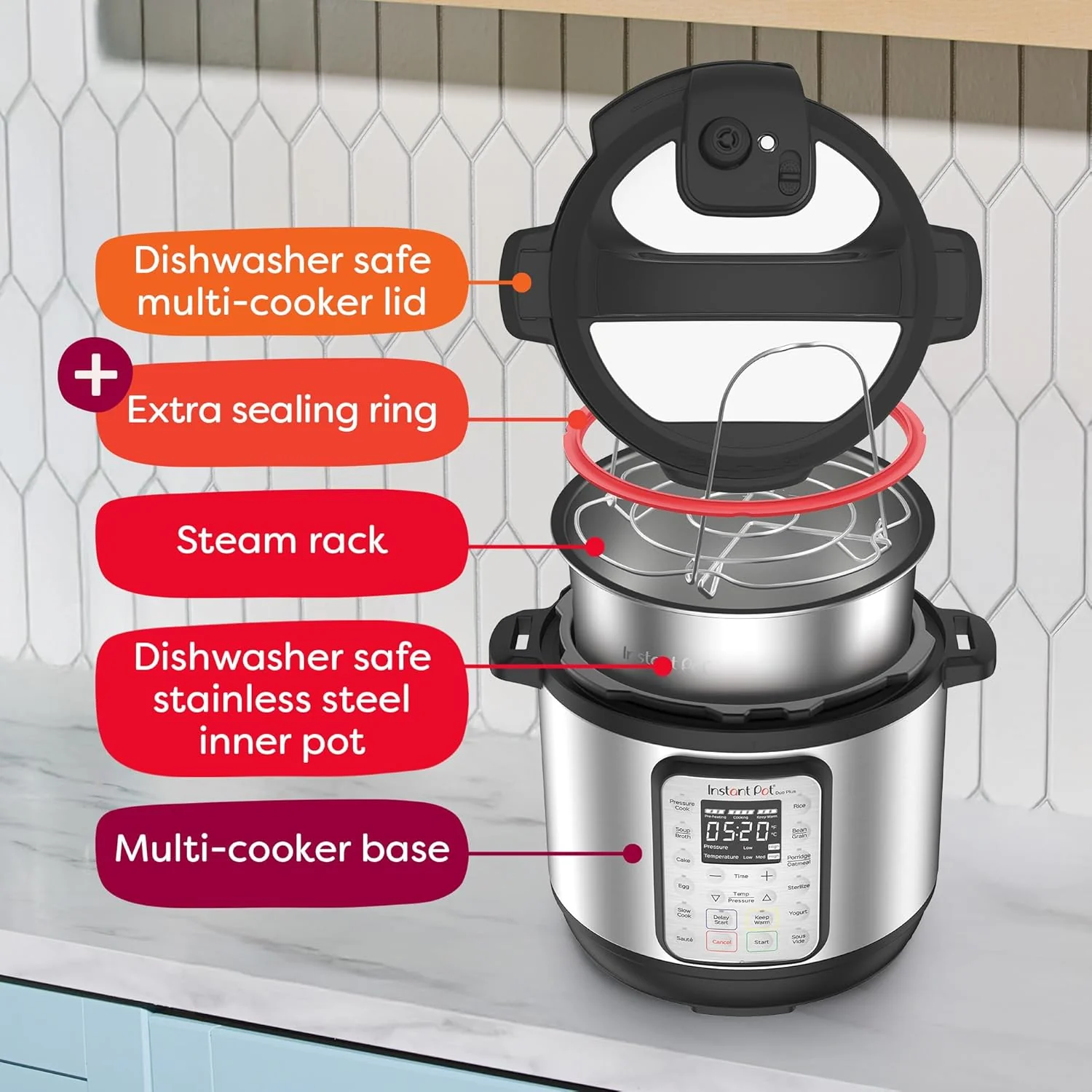 Multicuiseur 9 en 1 : autocuiseur, mijoteuse, cuiseur à riz, cuiseur vapeur, fonction sauté, yaourtière, chauffe-plat et stérilisateur. Application avec plus de 800 recettes incluse. Acier inoxydable. Capacité : 6 litres.