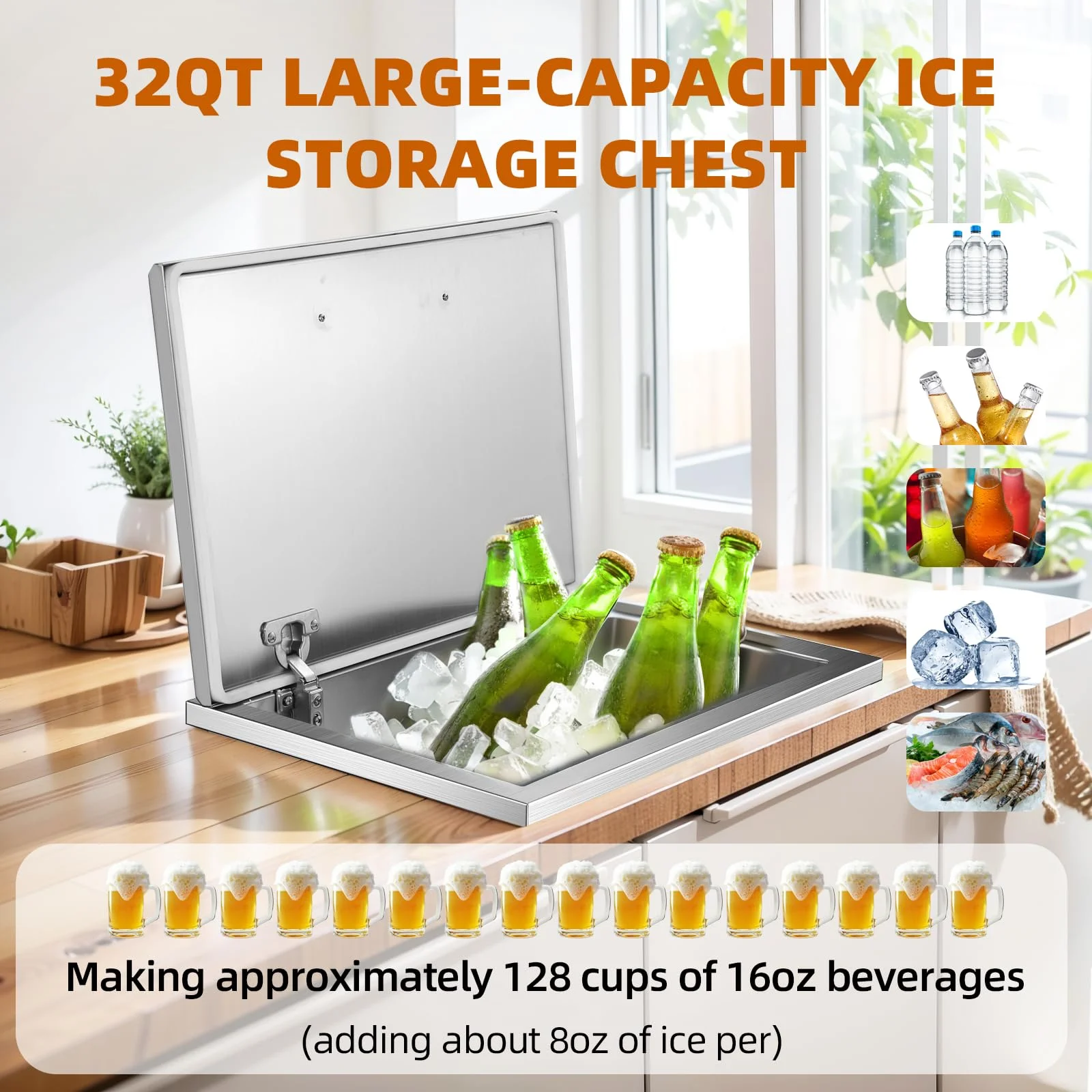 Luku Drop in Ice Chest, Stainless Steel Commercial Ice Bin with Hinged Cover, Outdoor Kitchen Ice Bar for Drinks