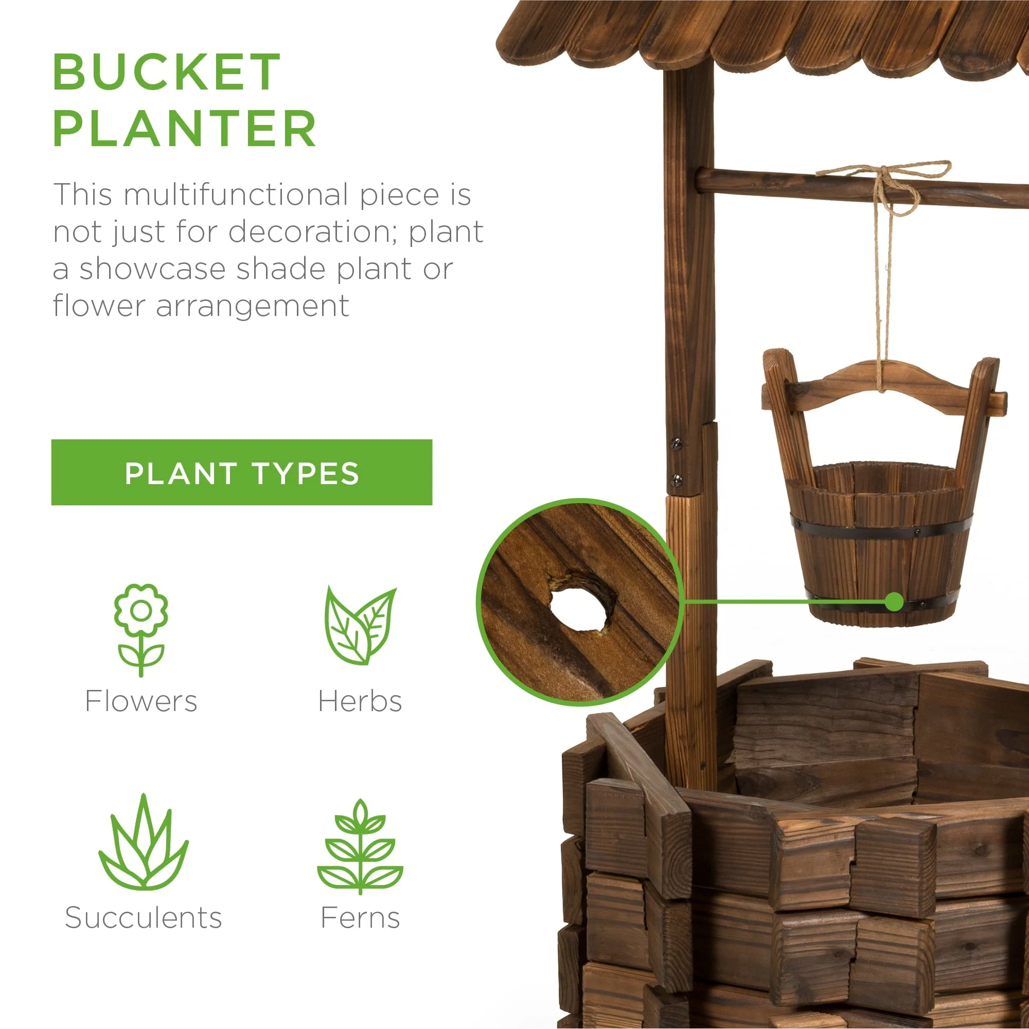 Rustic Wooden Wishing Well Planter Outdoor Home Decor for Patio, Garden, Yard w/ Hanging Bucket Image 3