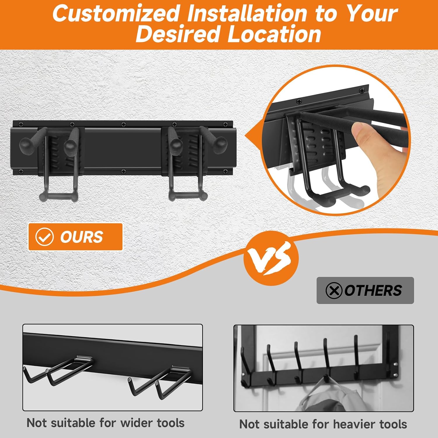 Garage Tool Organizer Wall Mount, Heavy Duty 48 Inch Garage Storage System with Adjustable Hooks, Garden Tool Rack for Shovel, Rake, Broom, Snowboard, Shed Organization