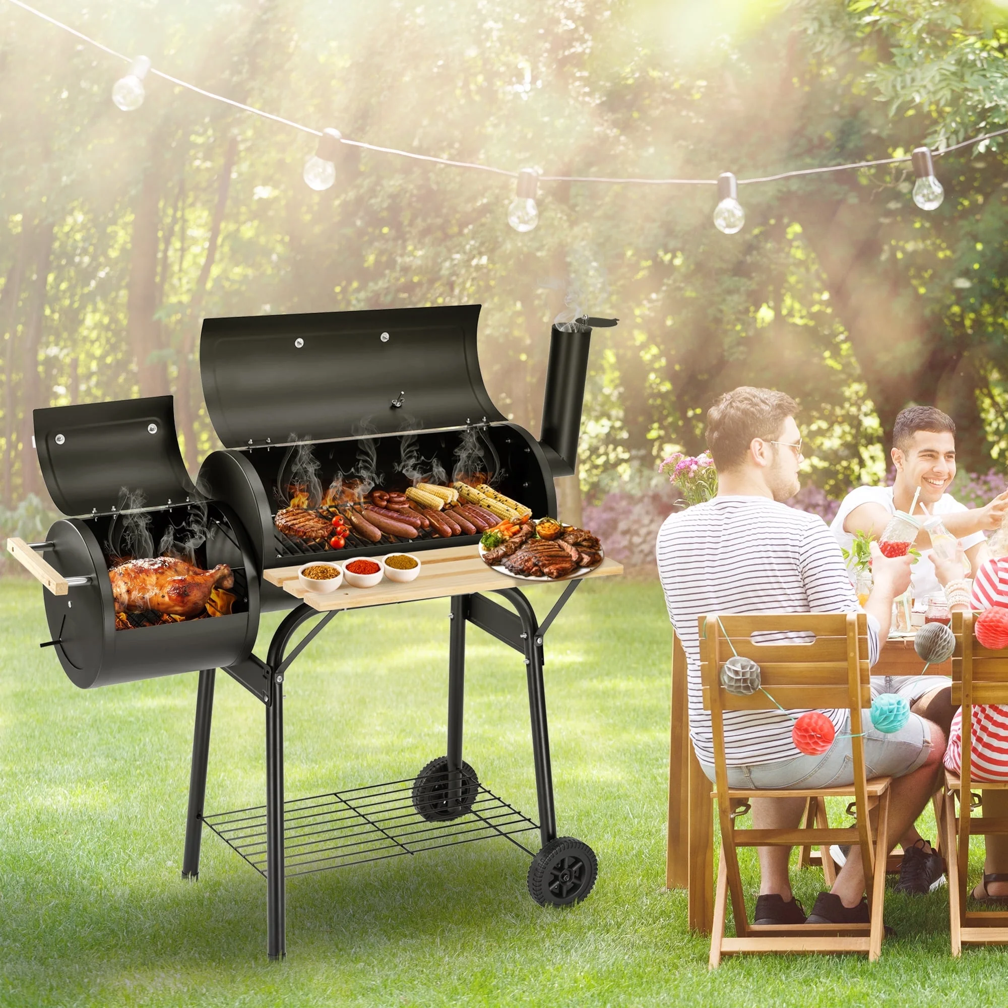 44" Portable Charcoal Grill, with Offset Smoker, Wood Shelf, Thermometer, Wheels, Charcoal BBQ Grill for Outdoor Picnic, Patio, Backyard, Camping, JA1170(Black 01) - Image 3