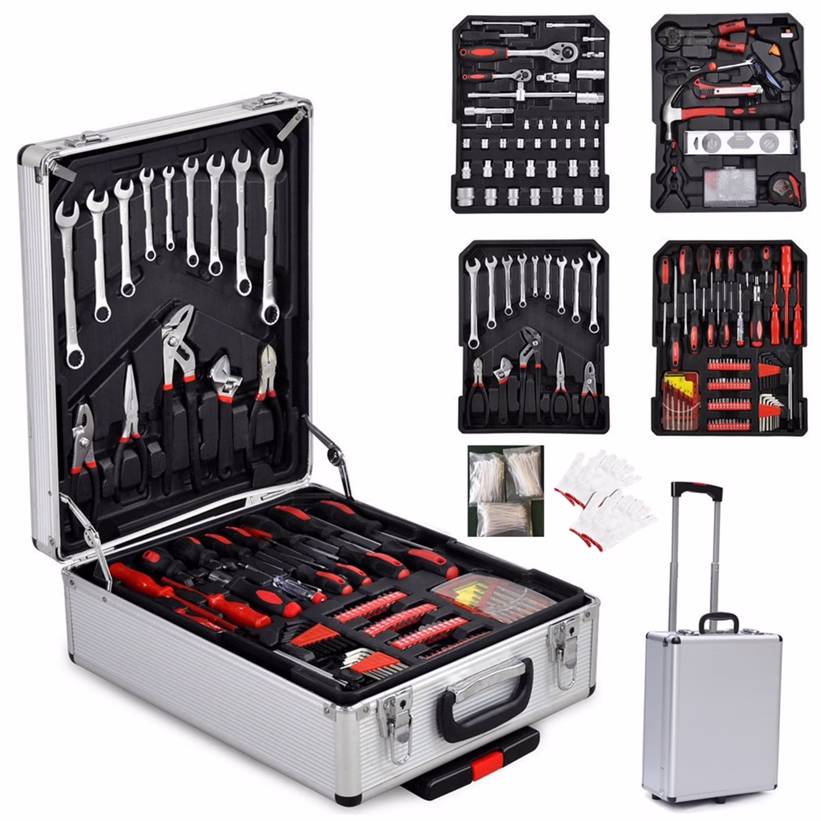 799 Pieces Professional Mechanics Hand Tool Set, Mobile Tool box on Wheels W/Ratchets&Socket, Screwdriver, Tongs, 4-layer Tool Case & Tool Kit, Silver