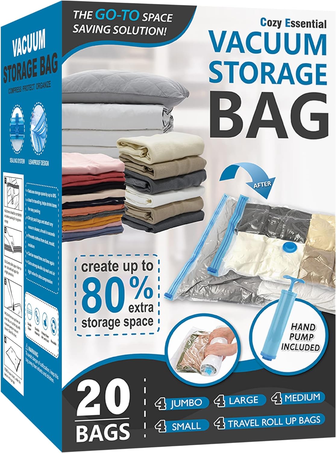 Vacuum Storage Bags with Hand Pump, Vacuum Seal Space Saver Bags, 20 Combo