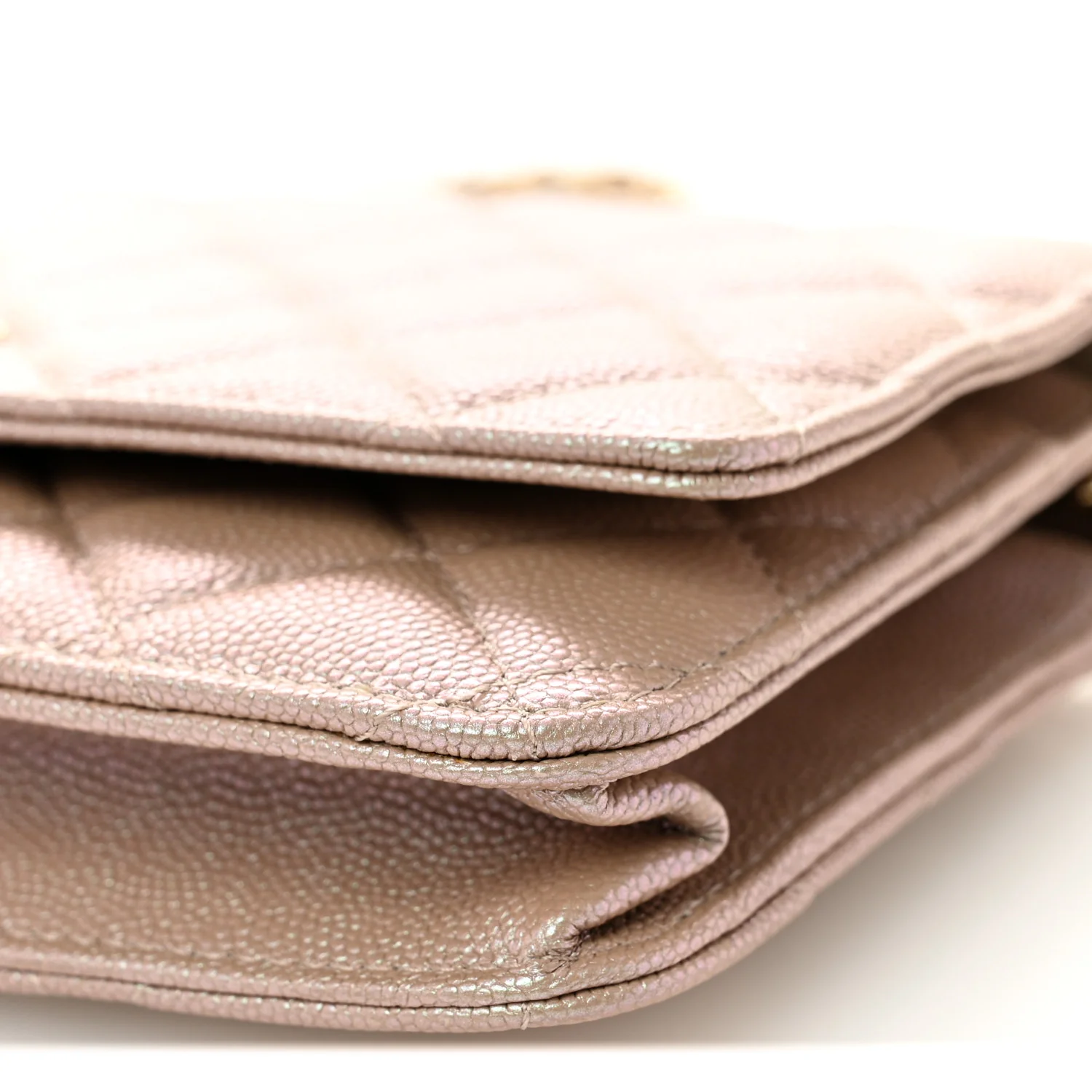 Iridescent Caviar Quilted Wallet on Chain WOC Beige