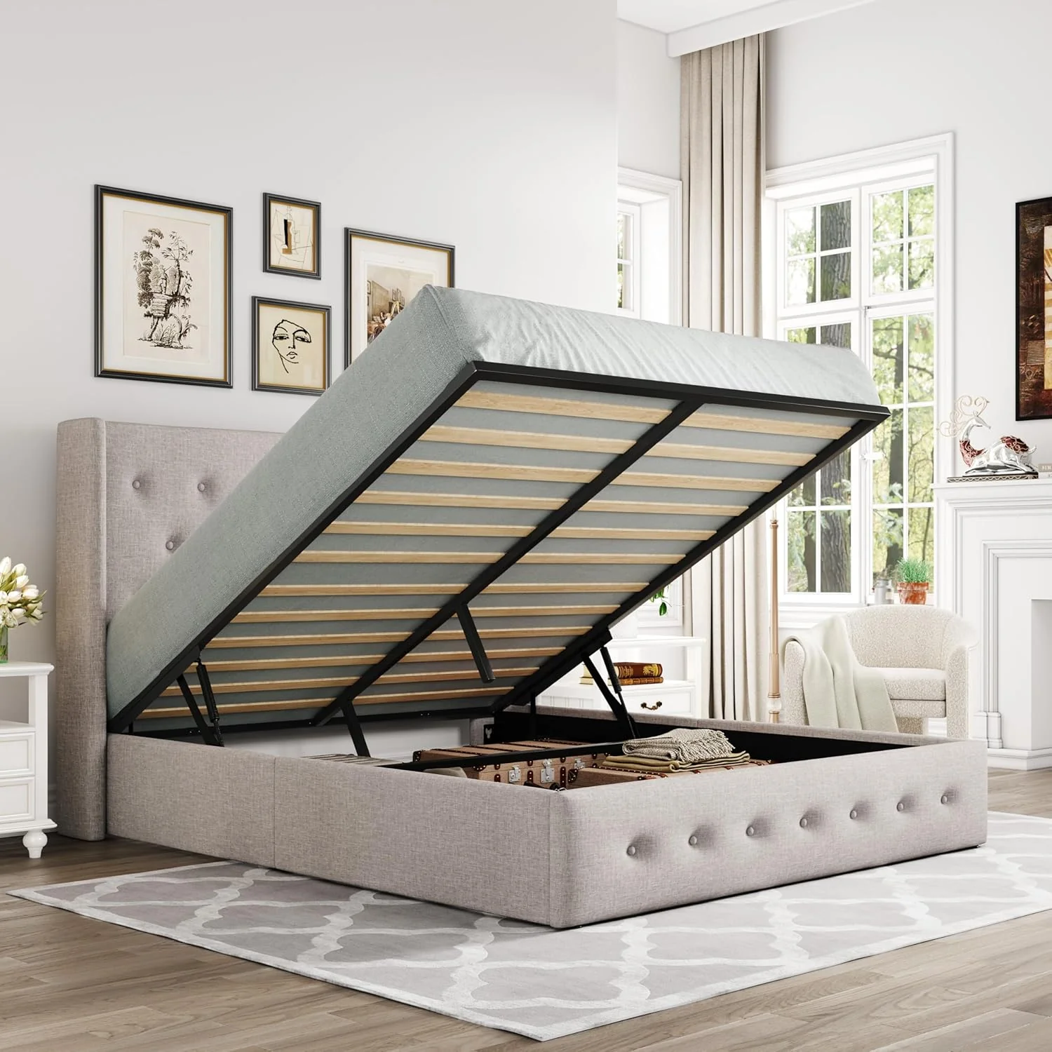 Lit coffre relevable Allewie Queen Size avec tête de lit moderne à oreilles et support hydraulique