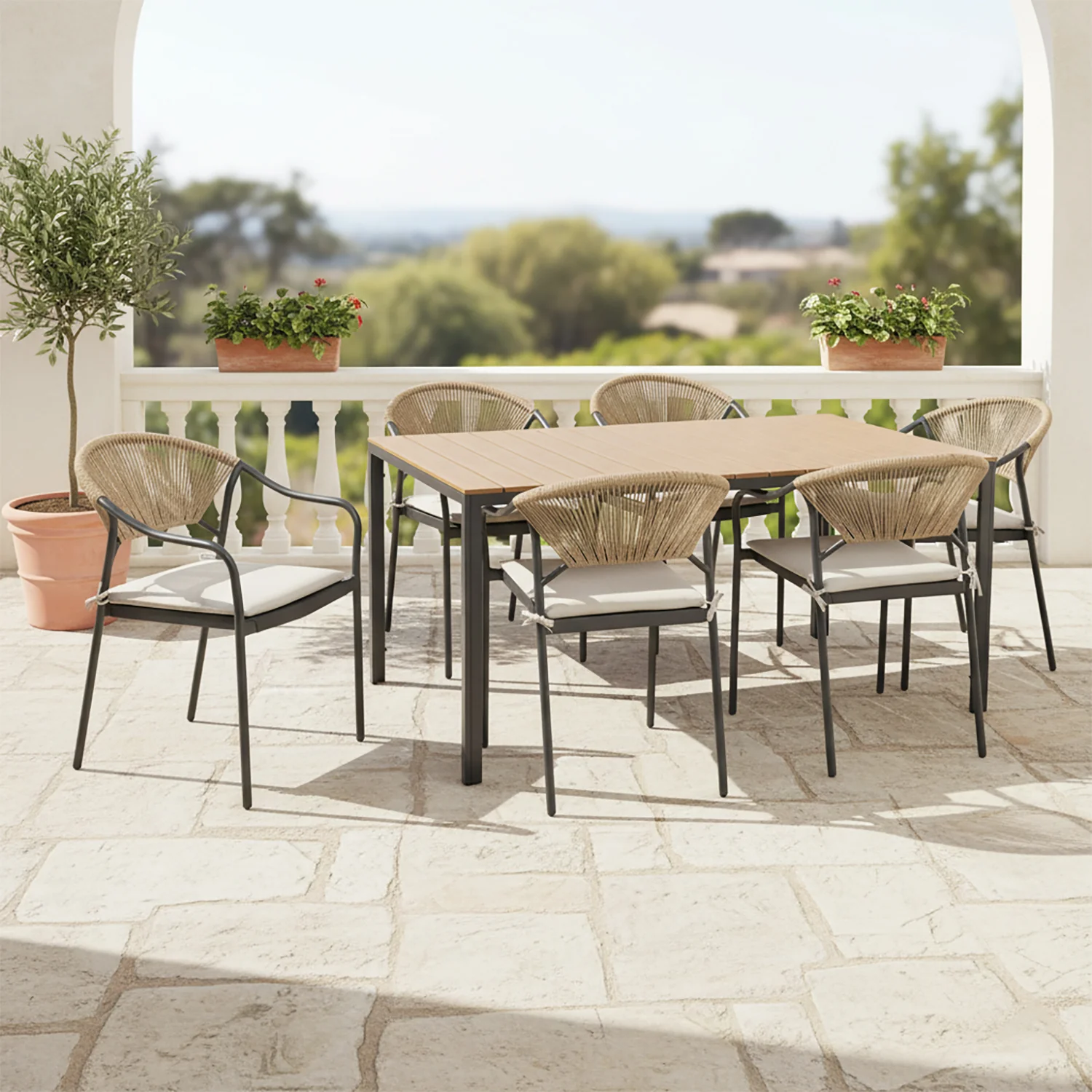 VESTIAMO CASA GIARDINO - Set da giardino 7 pezzi Tavolo con 6 Sedie struttura in Acciaio Antracite, braccioli con cuscini inclusi e Top in Polywood
