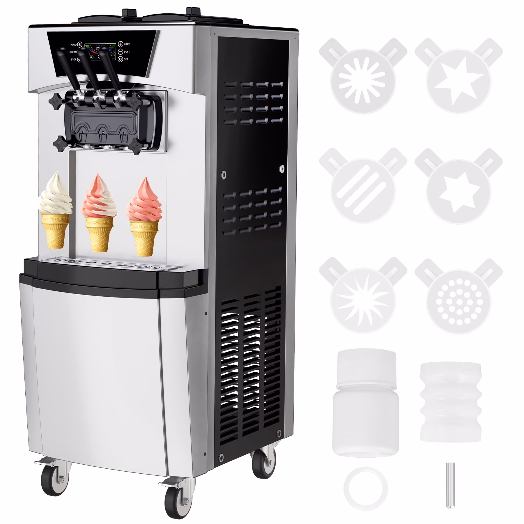 Commercial 3 Flavors Ice Cream Machine, 5.8 to 8Gal per Hour Soft Serve Ice Cream Maker,with Auto Clean, LCD Display for home Snack Bar Restaurants(Sliver)