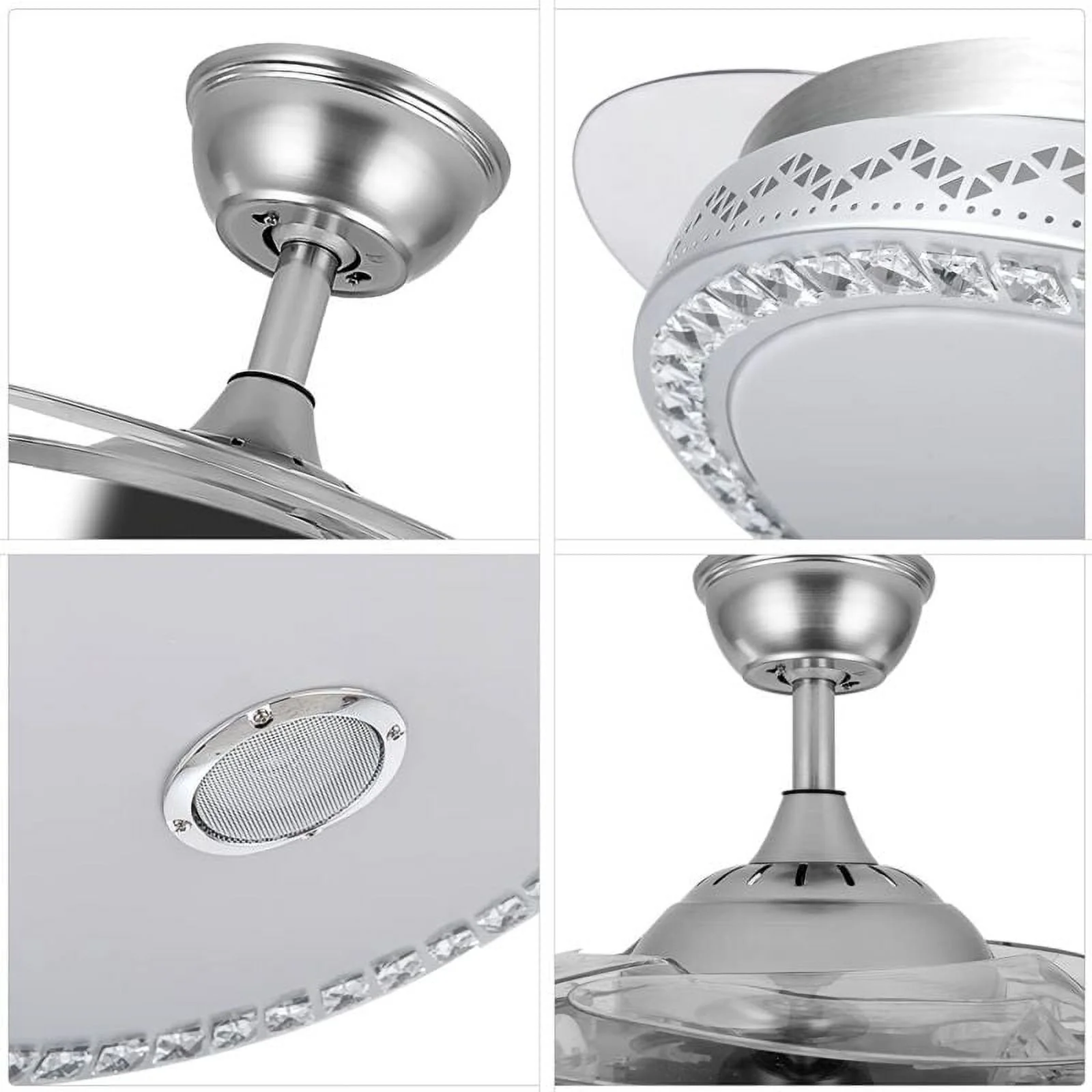 42"Invisible Chandelier Ceiling Fan with Light and Bluetooth Speaker,Modern 3 Color Change Crystal Ceiling Fan Light with Remote Control 4 Retractable ABS Blades