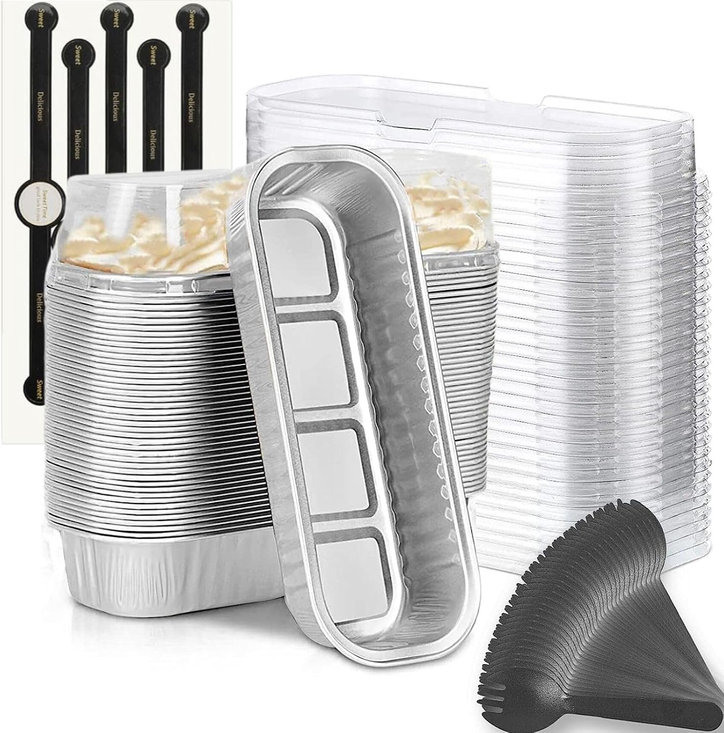 Findful Mini Loaf Baking Pans with Lids and Spoons (50 Pack, 6.8oz) Rectangular Aluminum Foil Baking Pans Tins Containers - Cupcake Containers Wrappers Cheesecake Creme Brulee Ramekins