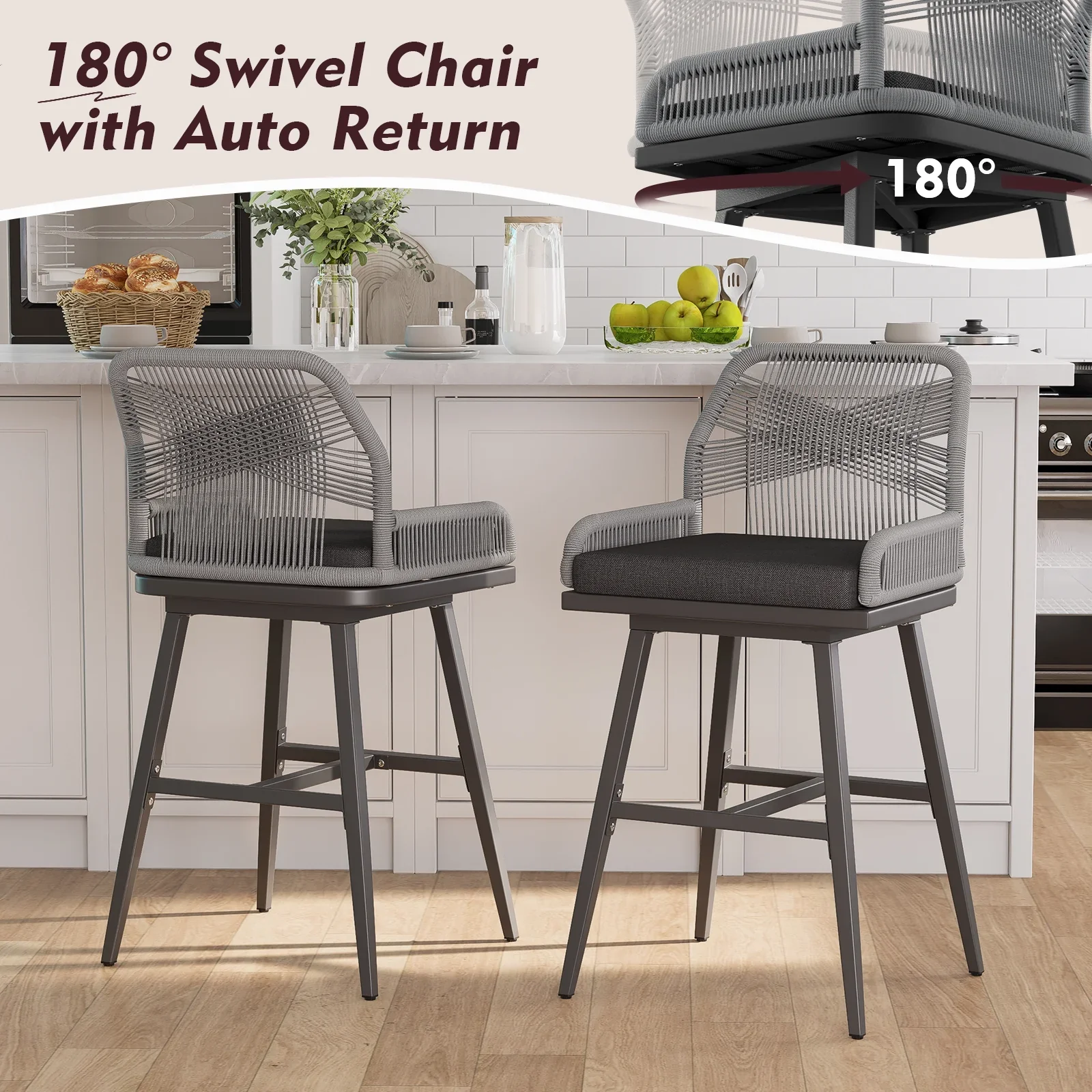 MEISSALIVVE Set of 2 Rattan Swivel Bar Stools, 26 Counter Height with Woven Rope Back, Cushioned Patio Bar Chairs for Kitchen, Garden, Beige
