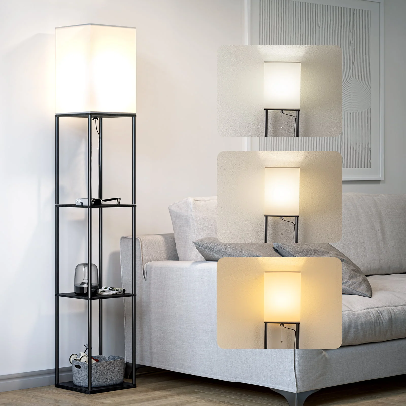 Modern Iron Shelf Floor Lamp with 3 Way Dimmable LED Bulb, Shelves and White Shade for Living Room and Bedroom(Black) Image 4