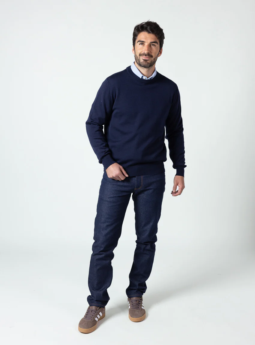 Pull homme col rond laine merinos Bleu Marine