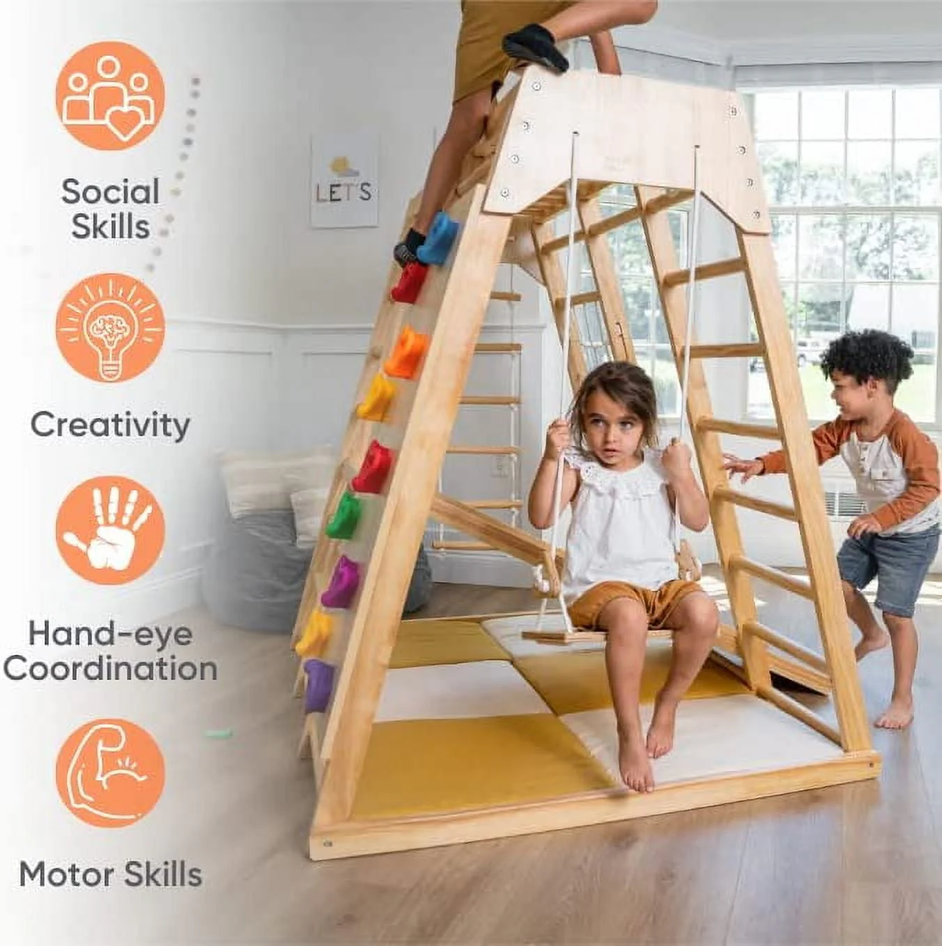 Avenlur Indoor Toddler and Child Indoor Gym Playground Climber Real Wooden Playset 6 in 1 Slide, Rock Climb Wall, Rope Wall Climbing, Monkey Bars, Swing, Ladder Fun Gym for Children Image 4