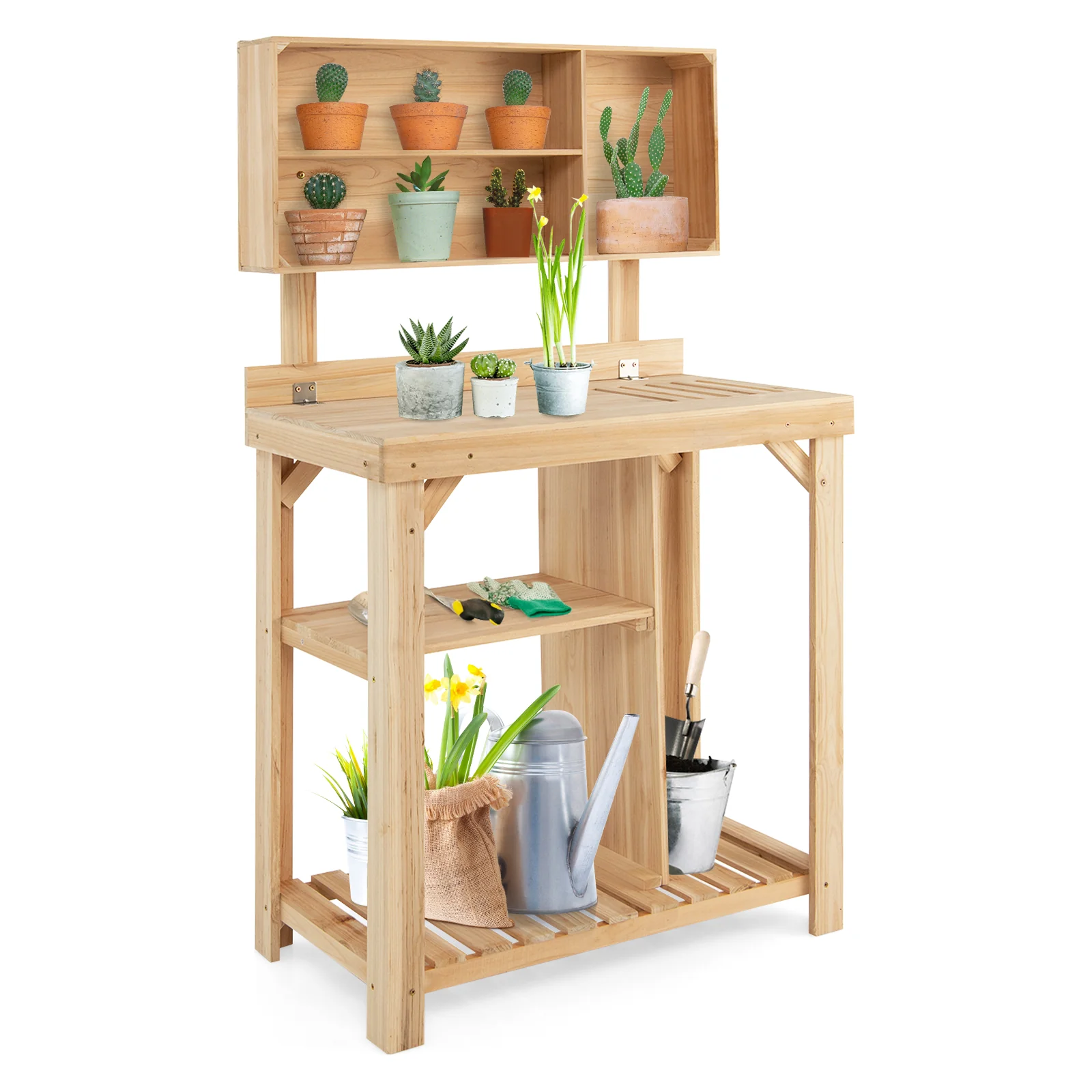 Topbuy Garden Work Bench, Wood Potting Station w/ Bottom Shelves & Top Compartments Solid Fir Wood Structure