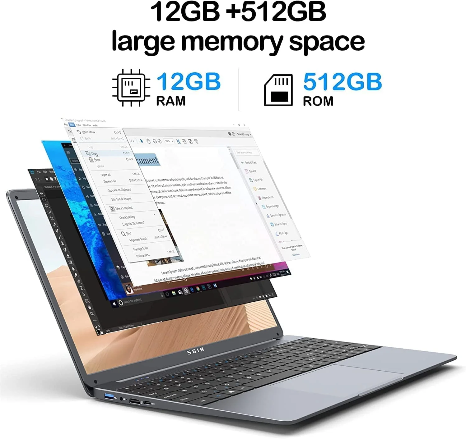 SGIN 15.6 in Laptop 12GB DDR4 512GB SSD Windows 11 with Intel Celeron N5095A Full HD 1920x1080