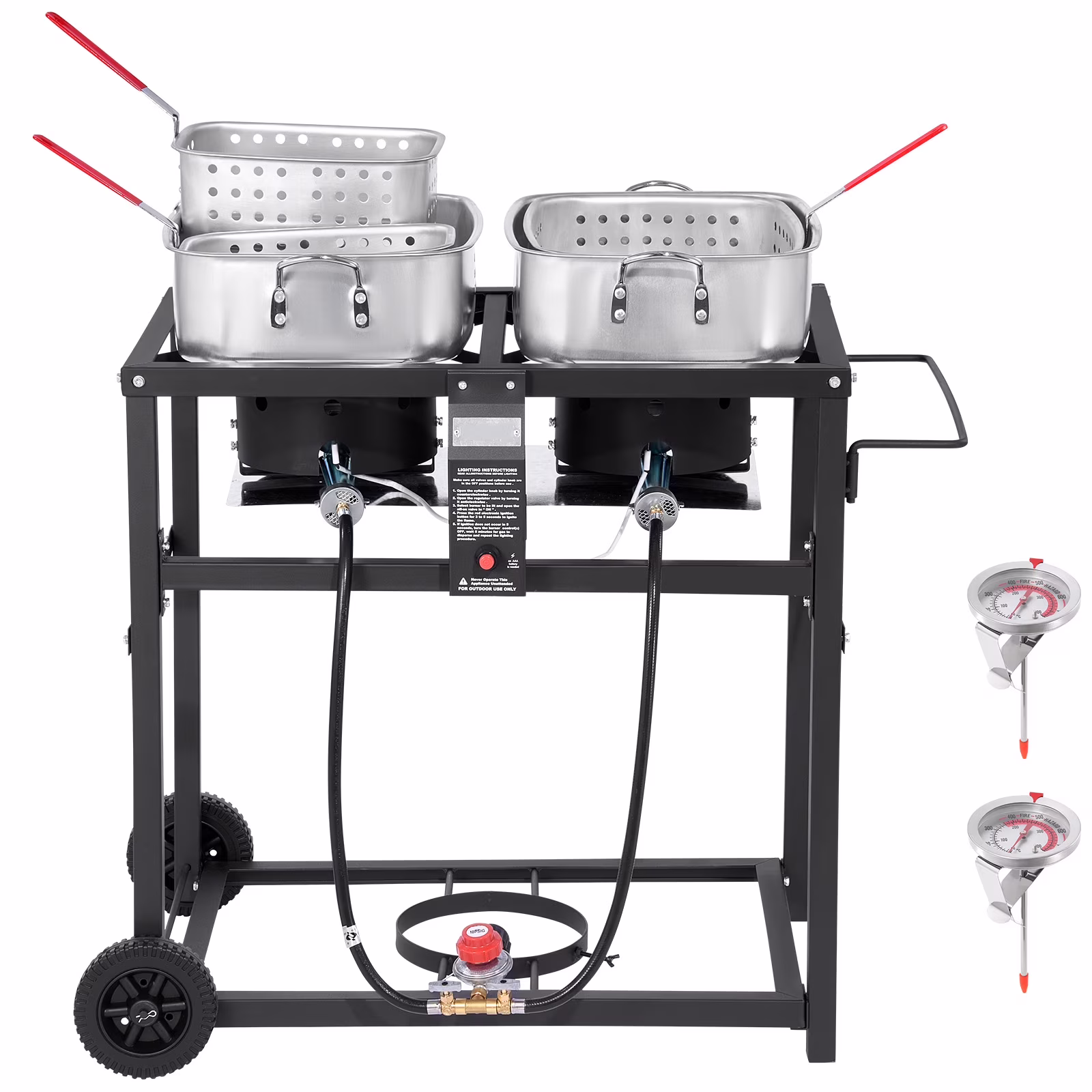 Outdoor Propane Deep Fryer, Dual-Tank 18QT x 2 Commercial Fryer, Portable Frying Cart with Wheels, 3 Baskets, 2 Thermometers, Stainless Steel Cooker for Fish, Wings, and Fries, 40,000 BTU