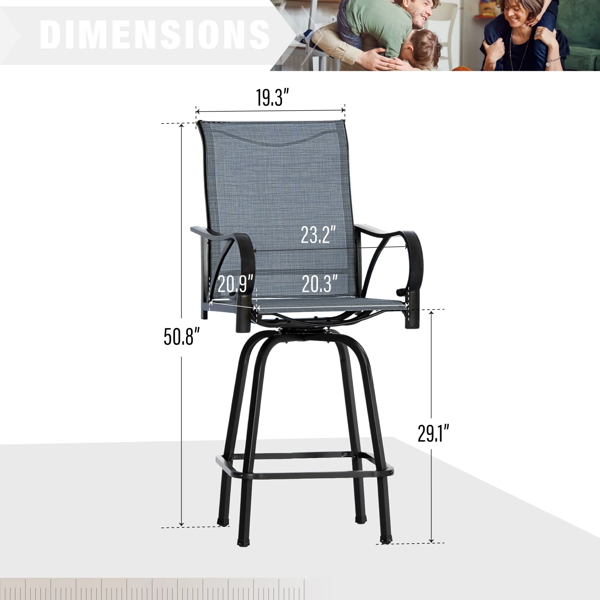5-Piece Outdoor Patio Swivel Bar Stool Dining Set with 4 High-back Textilene Chairs with Armrest1 Bistro Bar Table,BlackGrey - Image 3