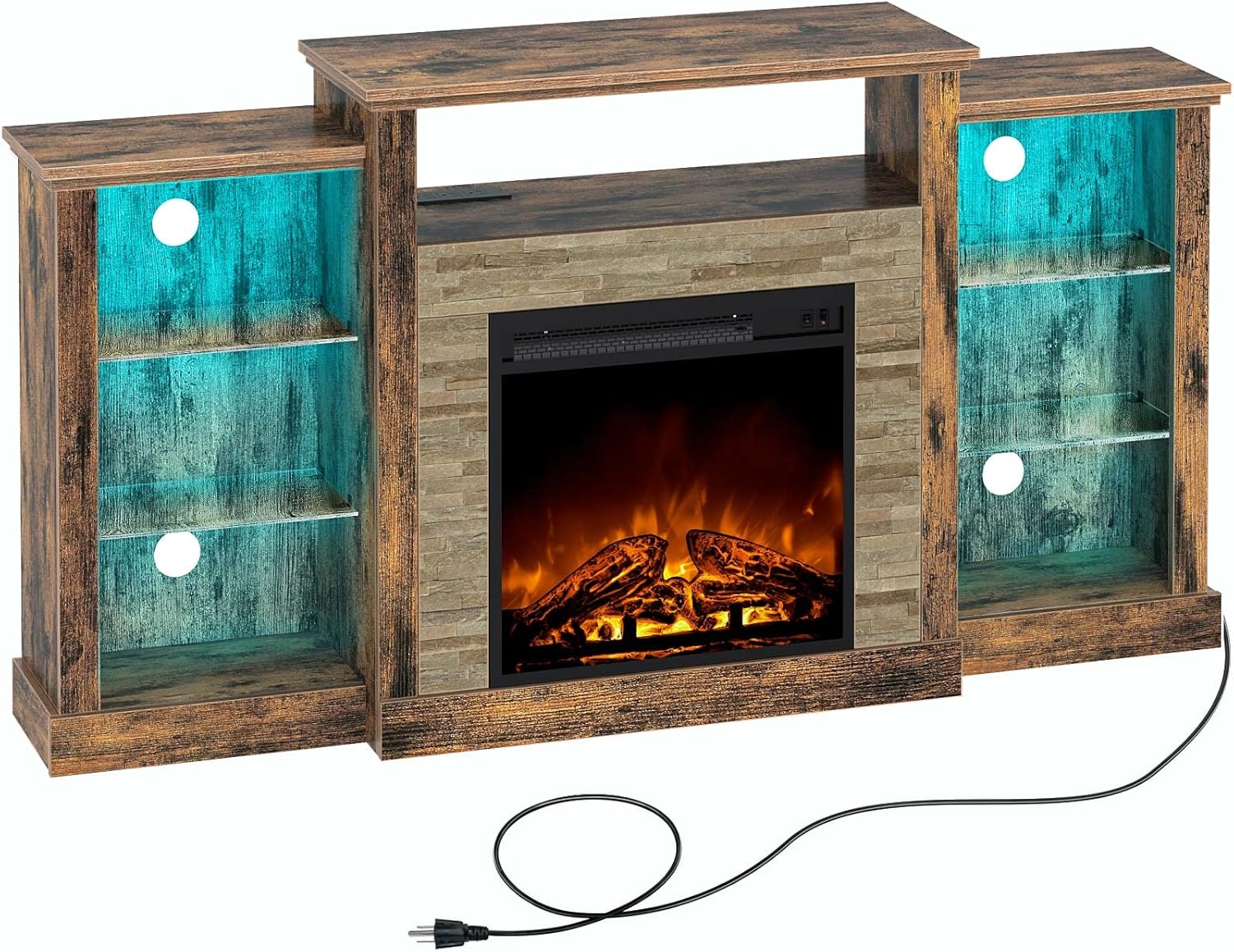 Meuble TV Rolanstar avec cheminée, éclairage LED et prises électriques, console TV et centre de divertissement
